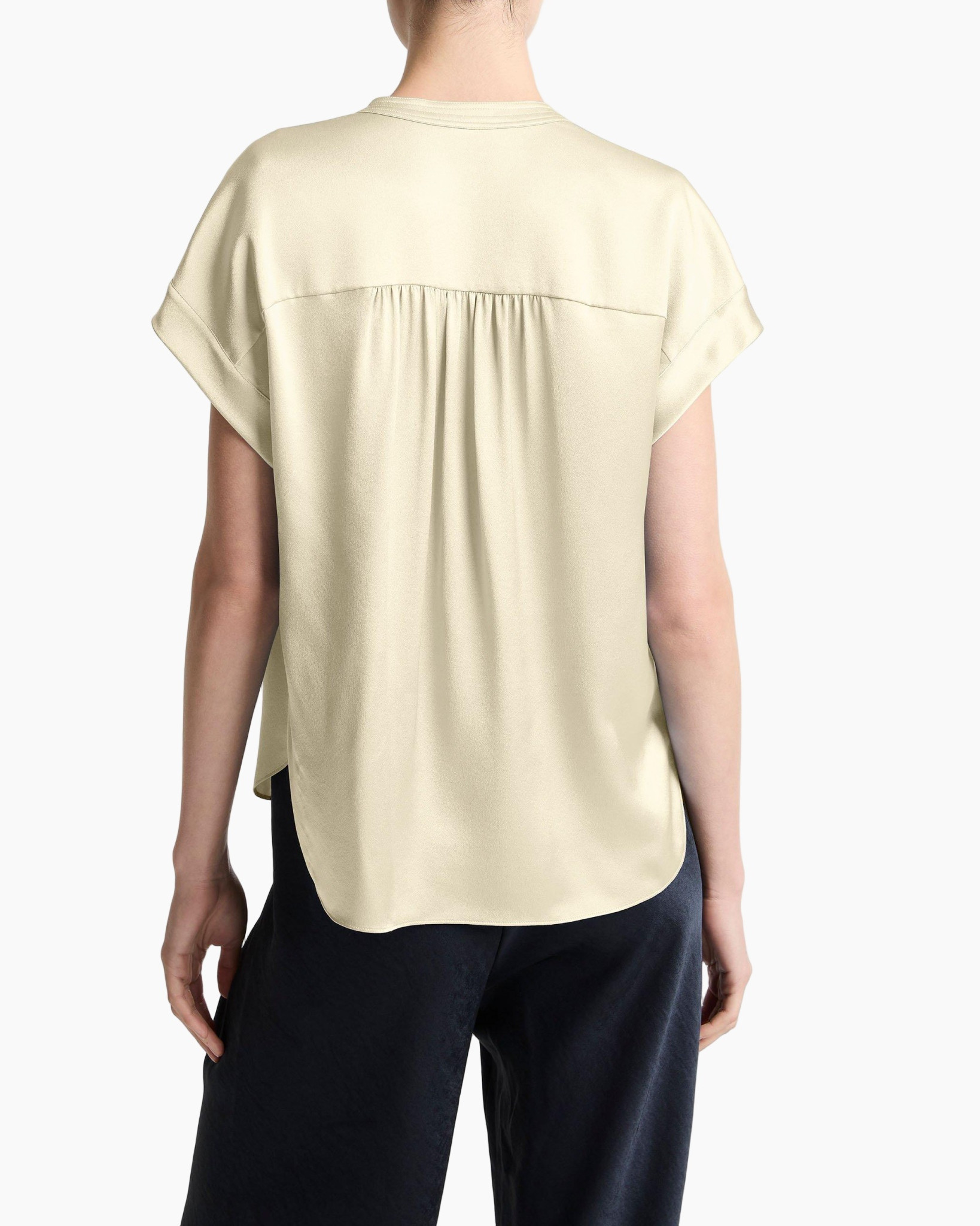 blouse, poppy, solid, short-sleeve, v-neck, beige
