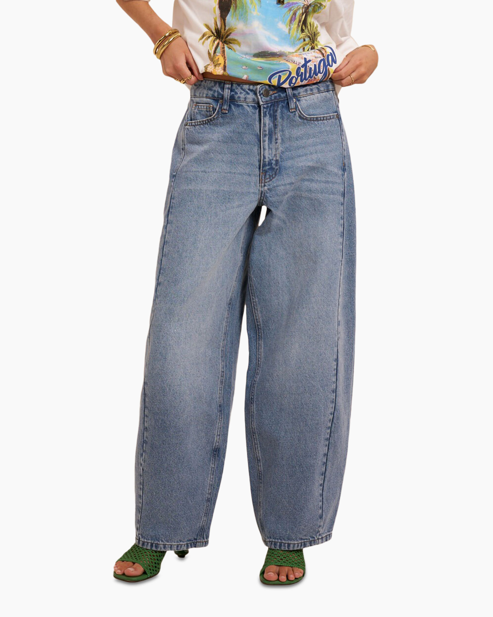spijkerbroek, wijduitlopende, blauw, denim, broek