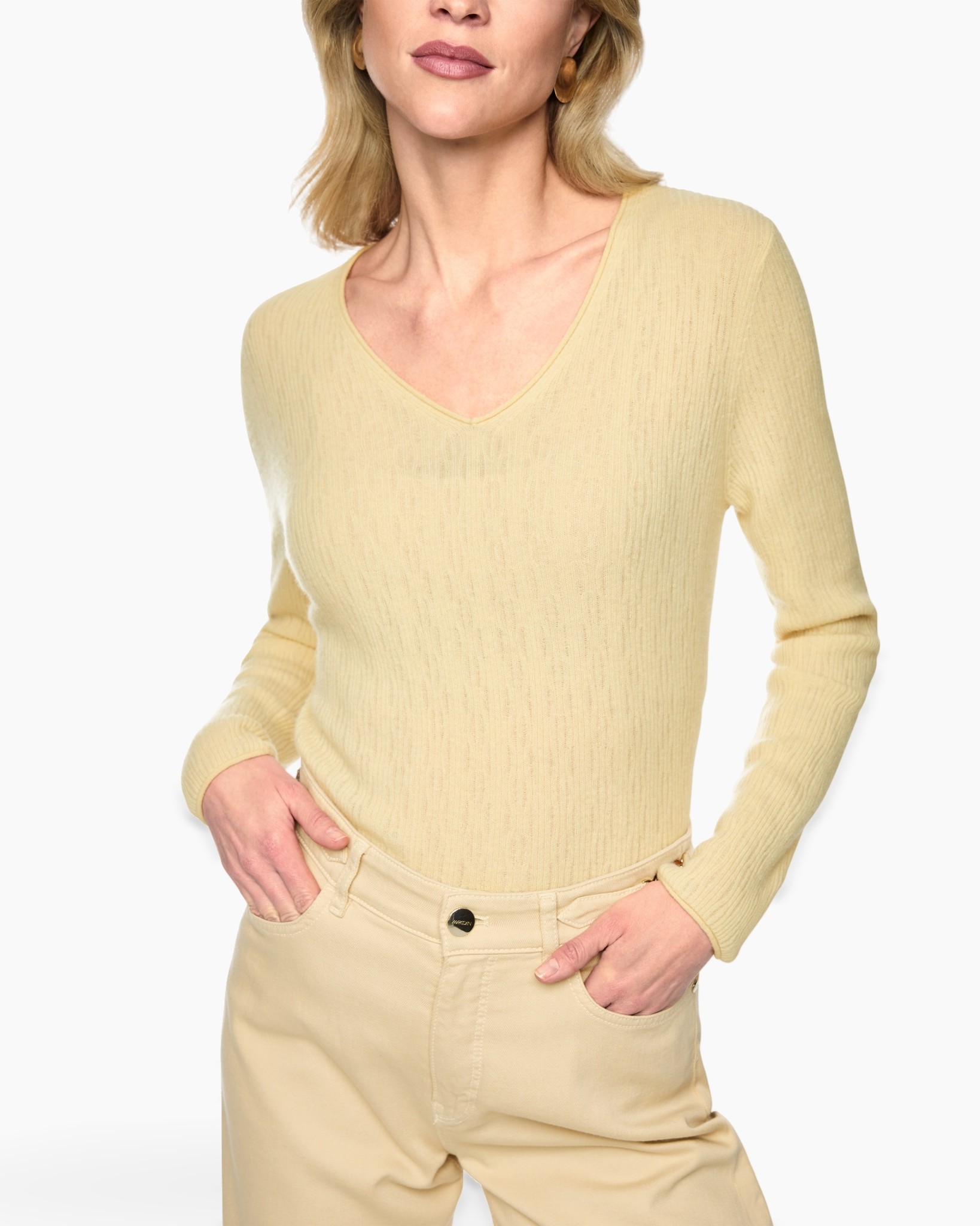 trui, v-hals, beige, gebreid, lange mouw