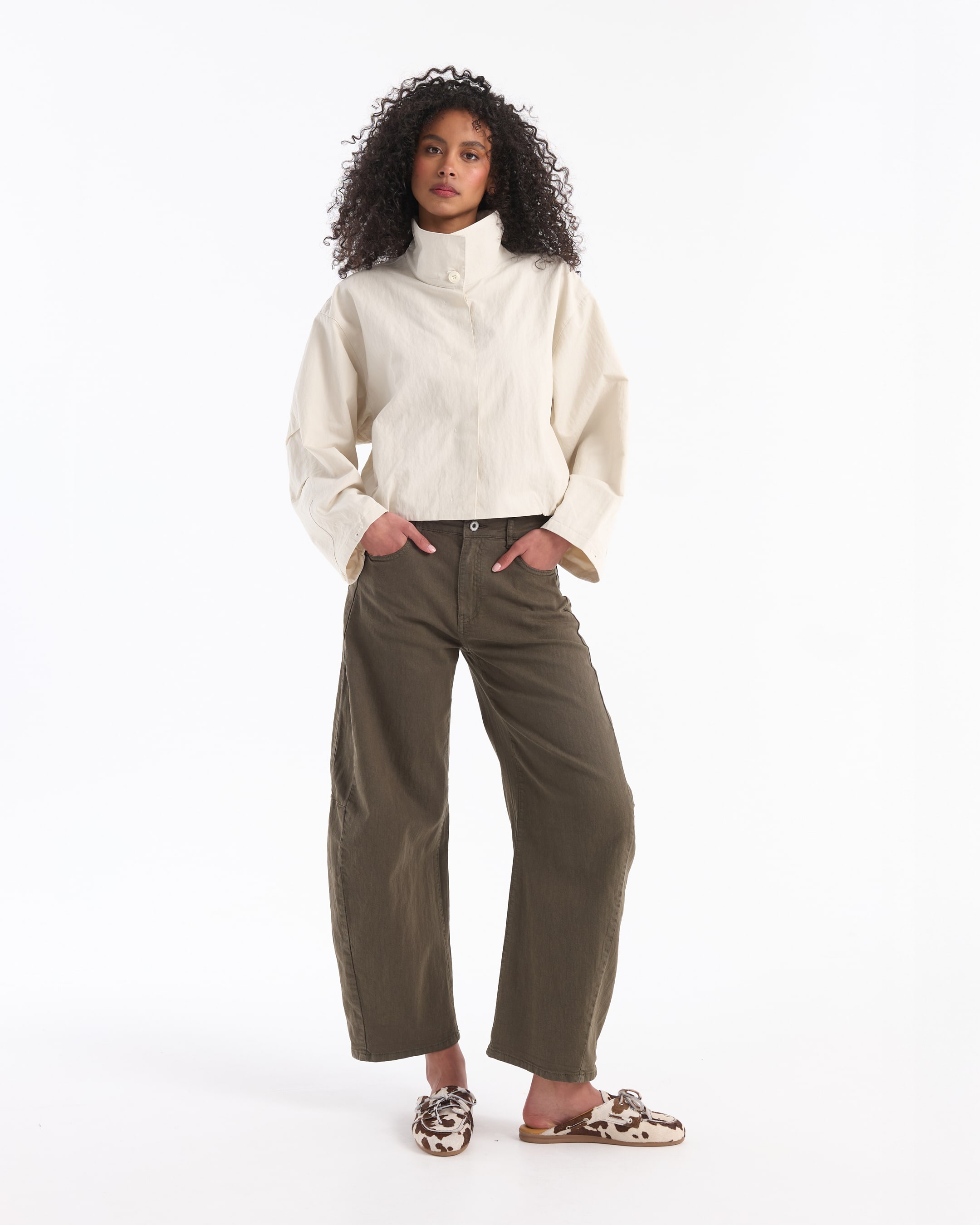 cotton shirt, boxy top, high collar, beige top, olive pants, top, long sleeves, collared, beige, olive pants