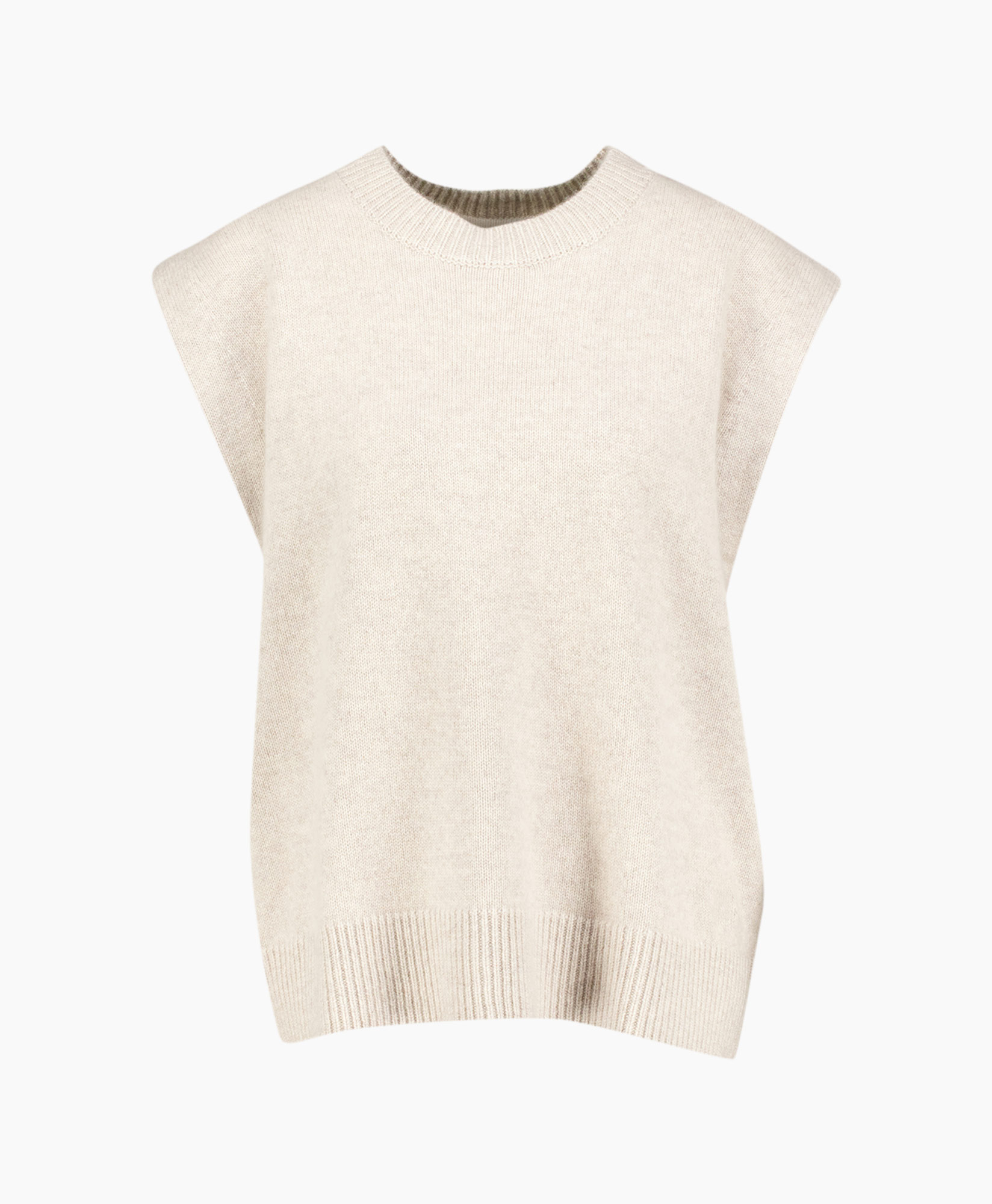 gebreide vest, mouwloze trui, beige, rolkraag?, zachte textuur
