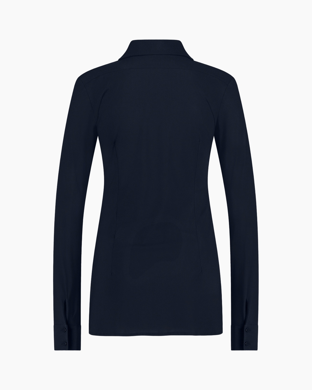blauw, lange mouw, kraag, blouse, achterkant