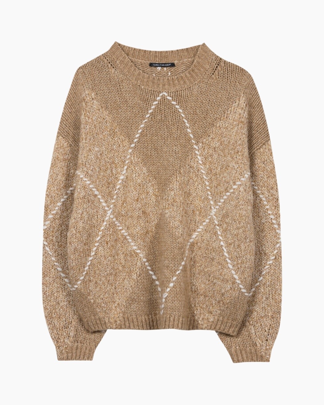 gebreide trui, pullovers, argyle patroon, bejige, losvallend pasvorm