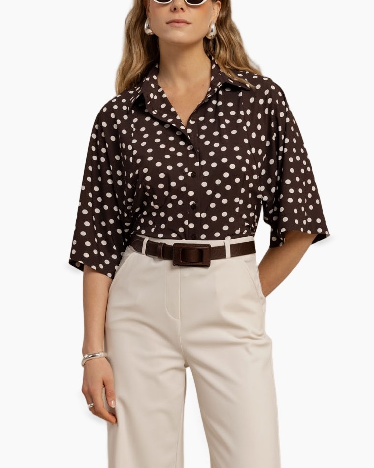 polkadot, blouse, korte mouwen, kraag, bruin