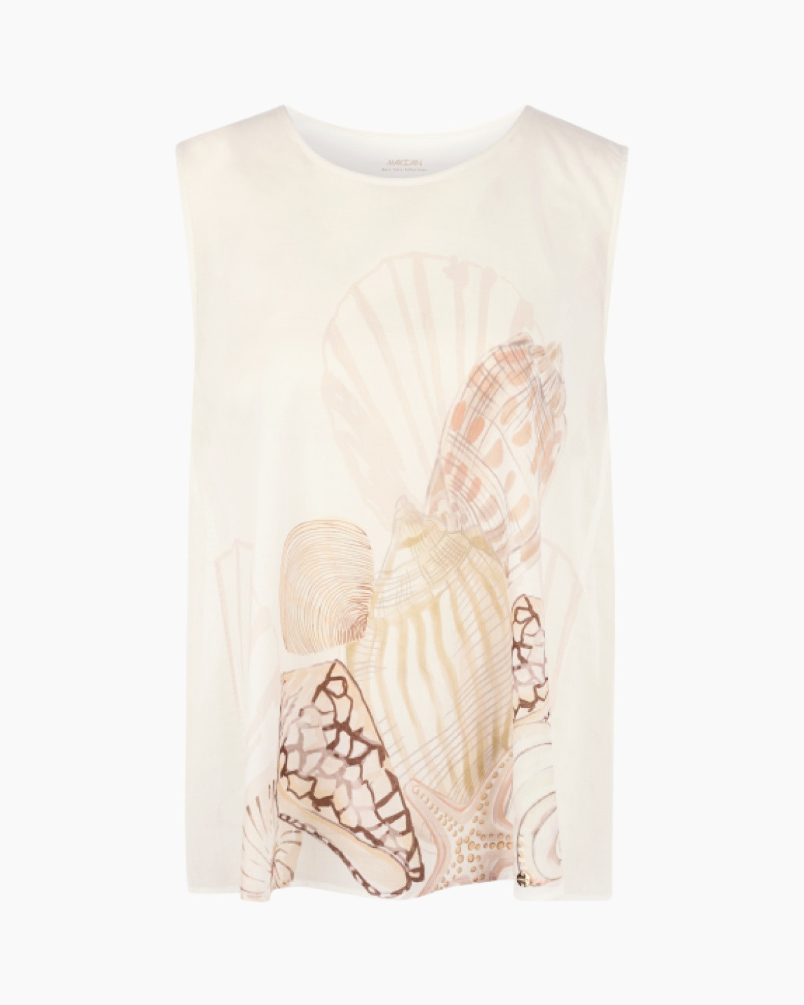 mouwloos top, tanktop, schelpenprint, strandprint, zachte roomkleur