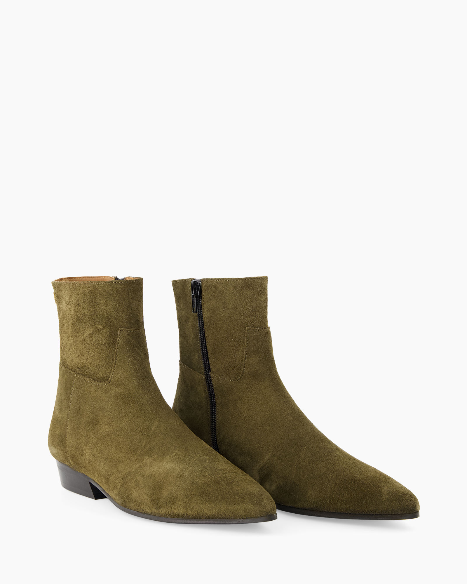 enkellaars, suede, olijfgroen, lage hak,  slip-on