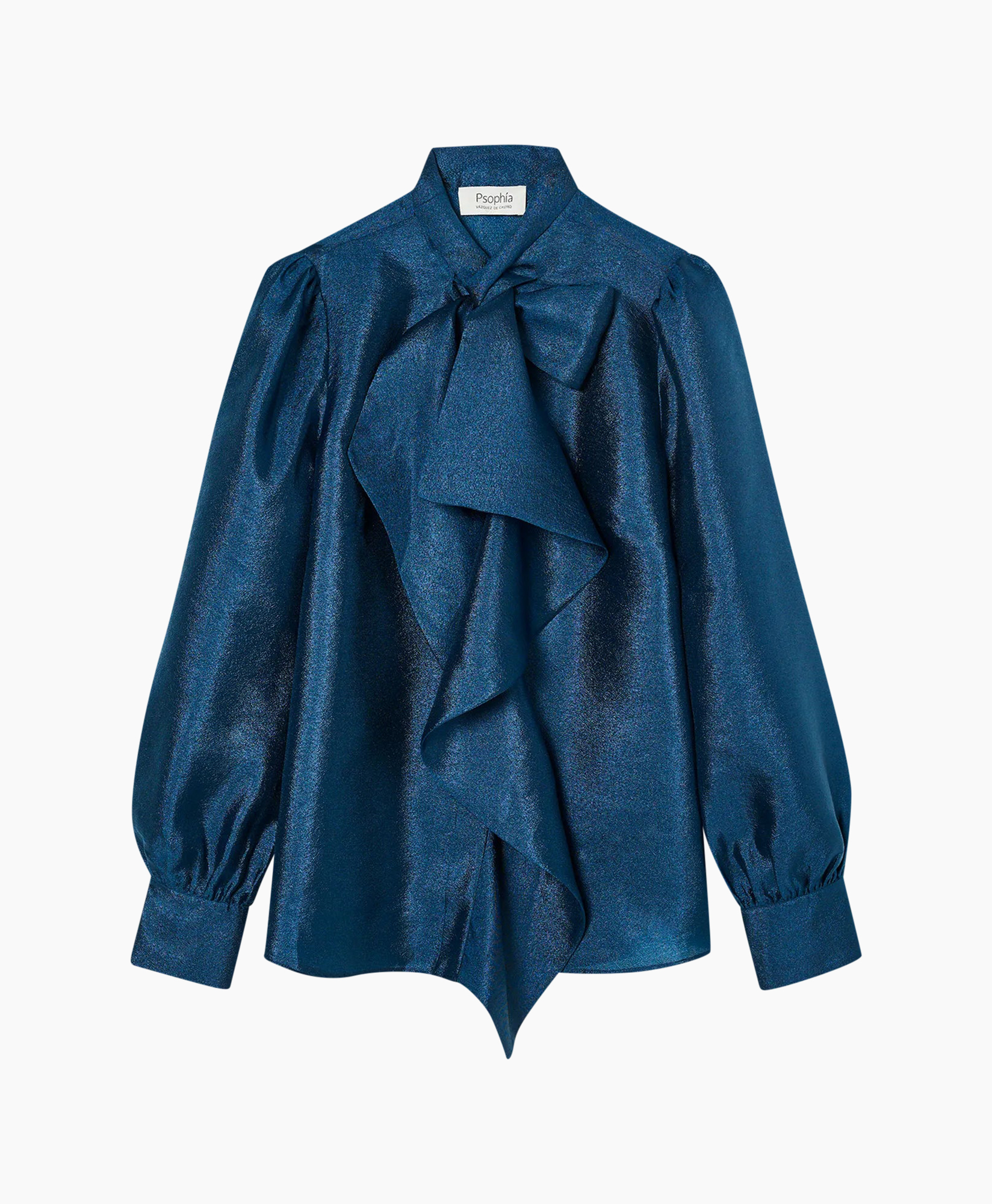 blouse, ruffled, satijn, lange mouwen, blauw