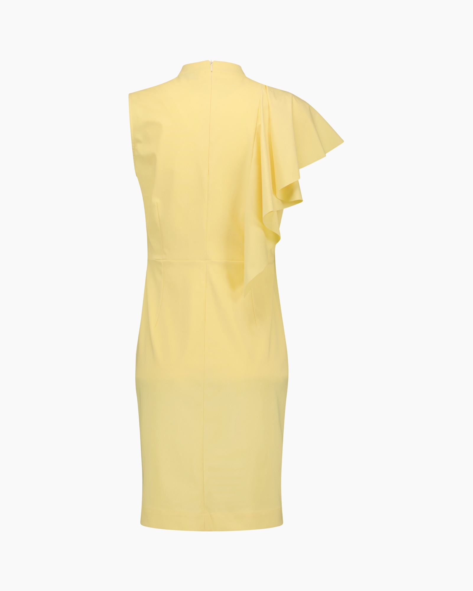 yellow, dress, one-shoulder, ruffle, mid-length