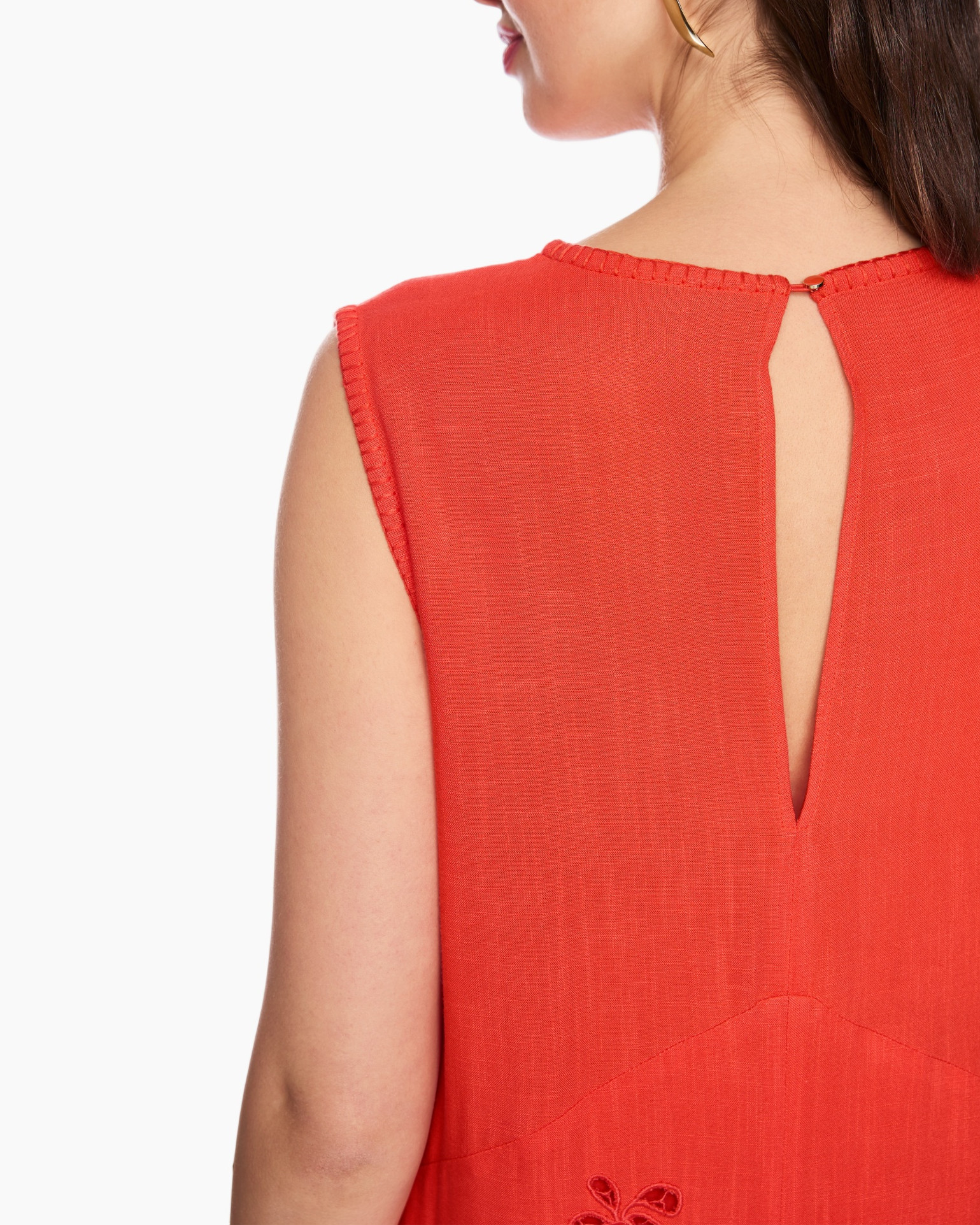 sleeveless, red, dress, back keyhole, embroidery