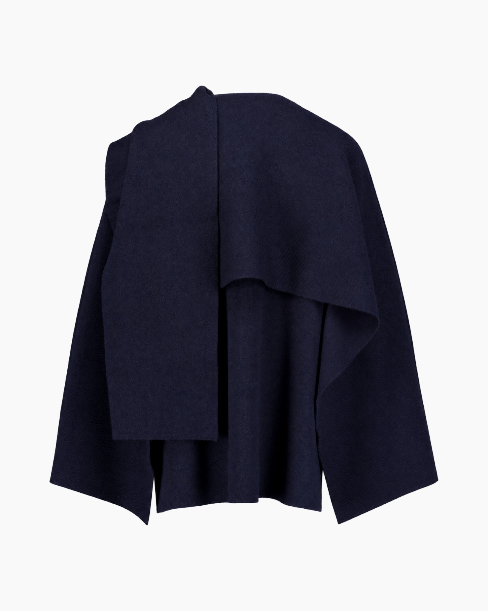 marineblauwe cape, wollen jas, opstaande kraag, asymmetrische voorkant