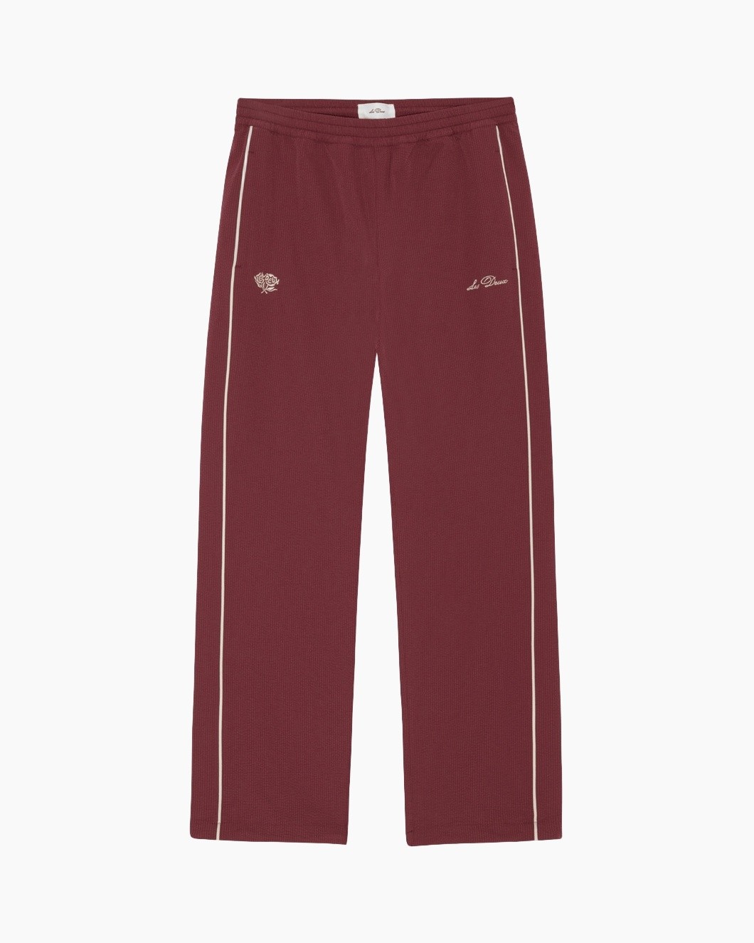 broek, trainingsbroek, bordeaux, witte zijstreep, logo borduurwerk