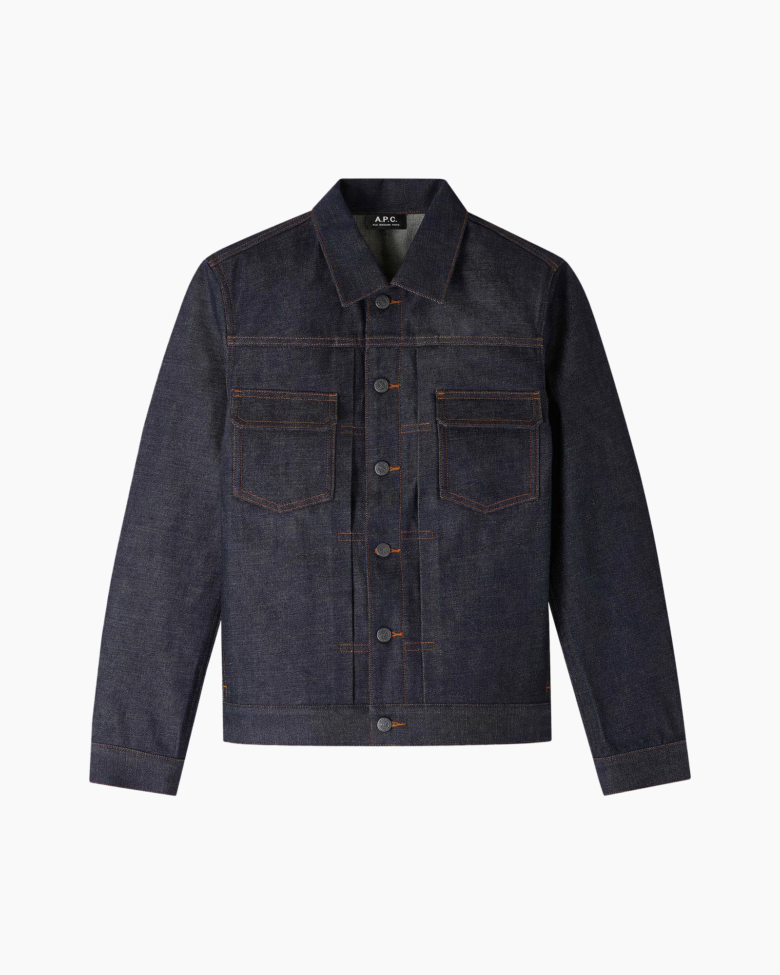denim, jacket, spijkerjas, tweedelige zakken, knopen