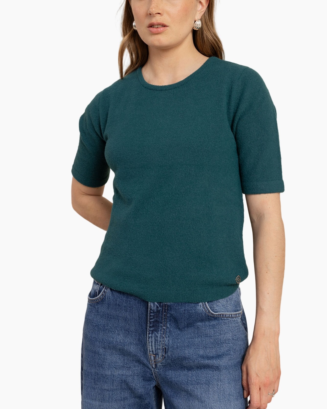 turkoois top, korte mouwen, gebreide top, rundhals, vrouwen shirt