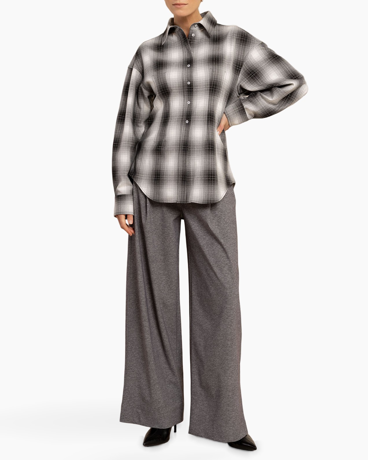 geruit overhemd, knoopsluiting, lange mouwen, grijs en zwart, relaxed fit