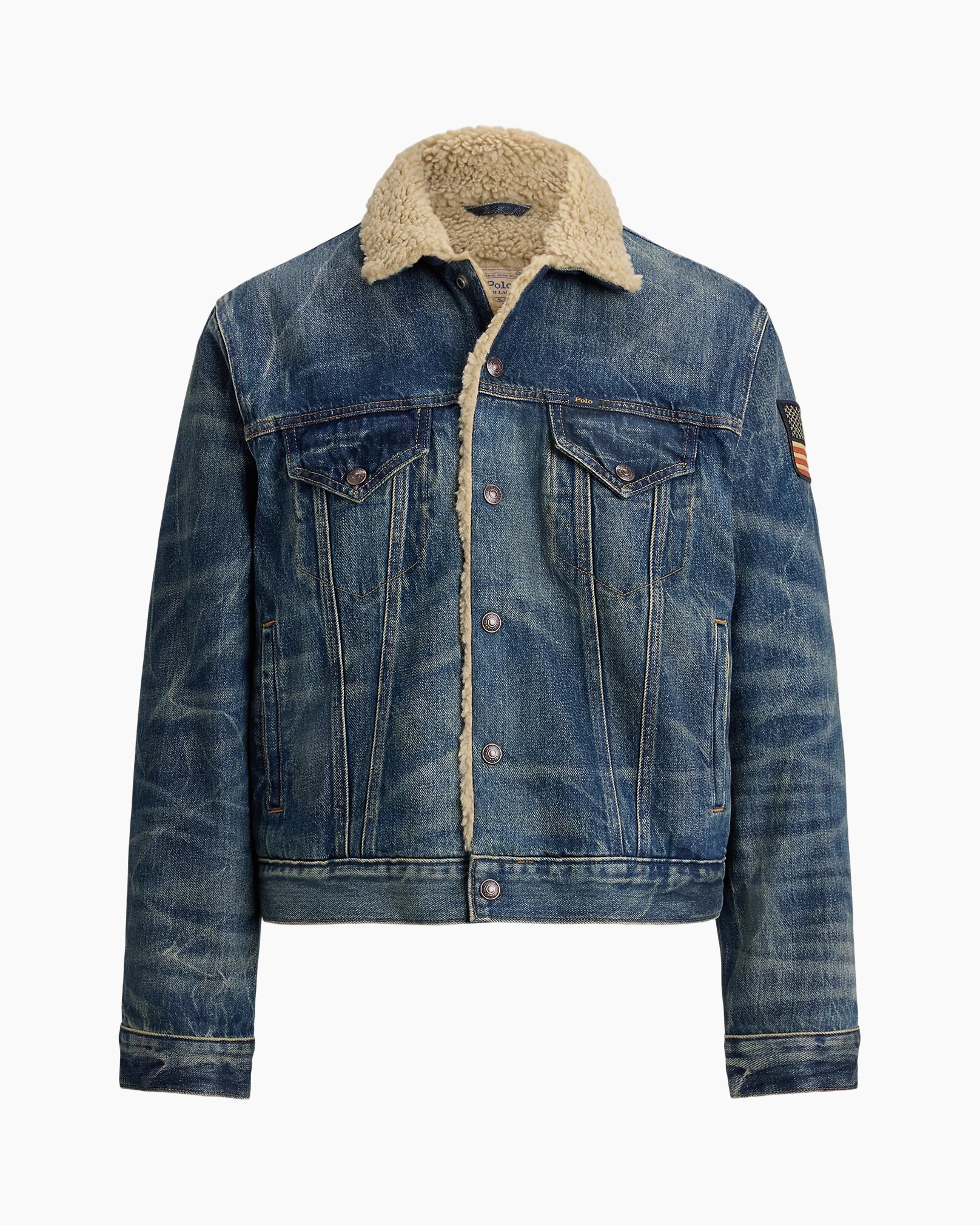 jacket denim, kraag van shearling, blauw denim, knopen voorkant, patch-logo