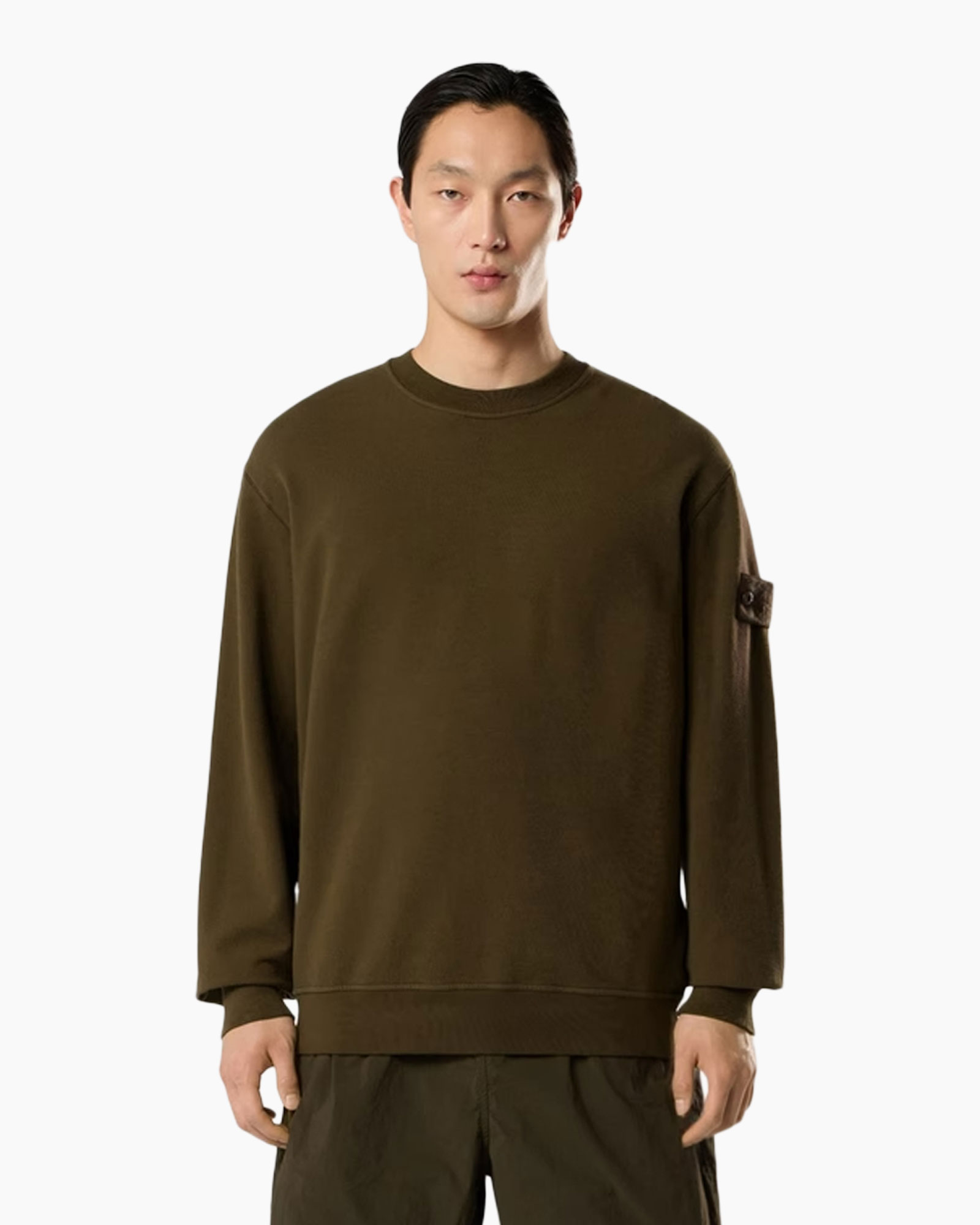 we sweater, olijf, kraagloze, lange mouw, eenvoudig