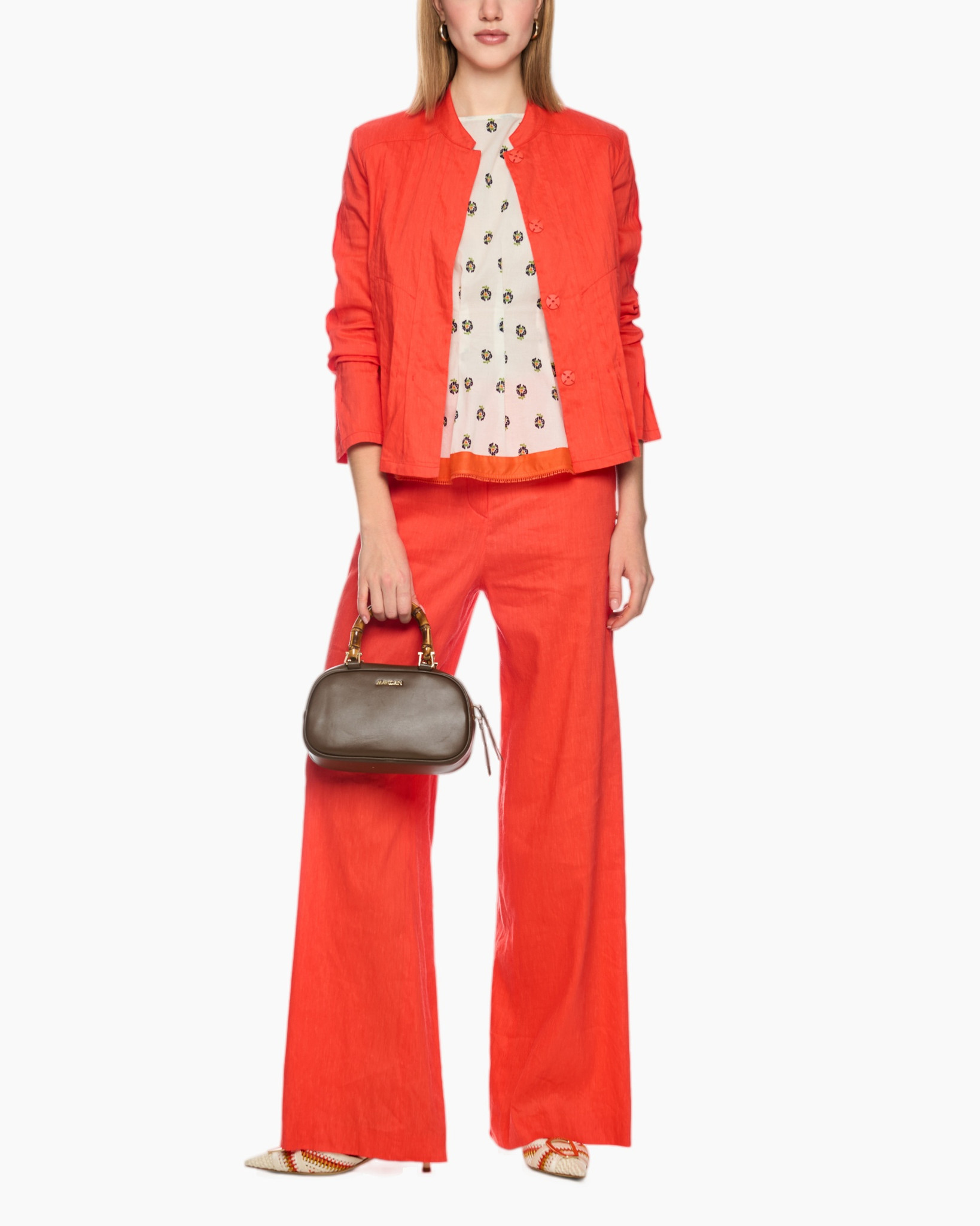 jas, broek, oranje, linnen, tweedelige set