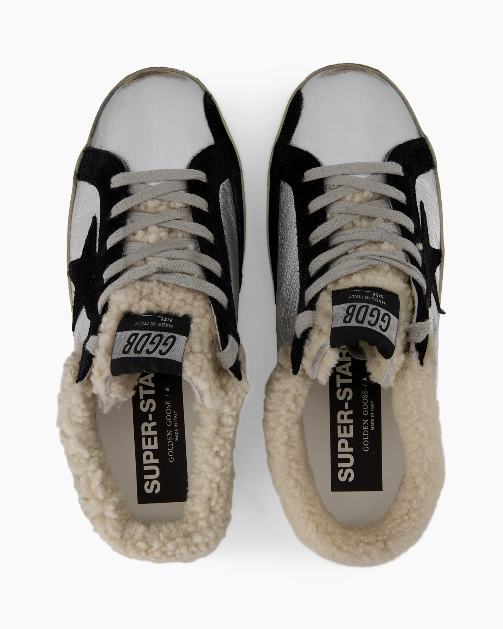 sneakers, leer, wit, zwart, shearling