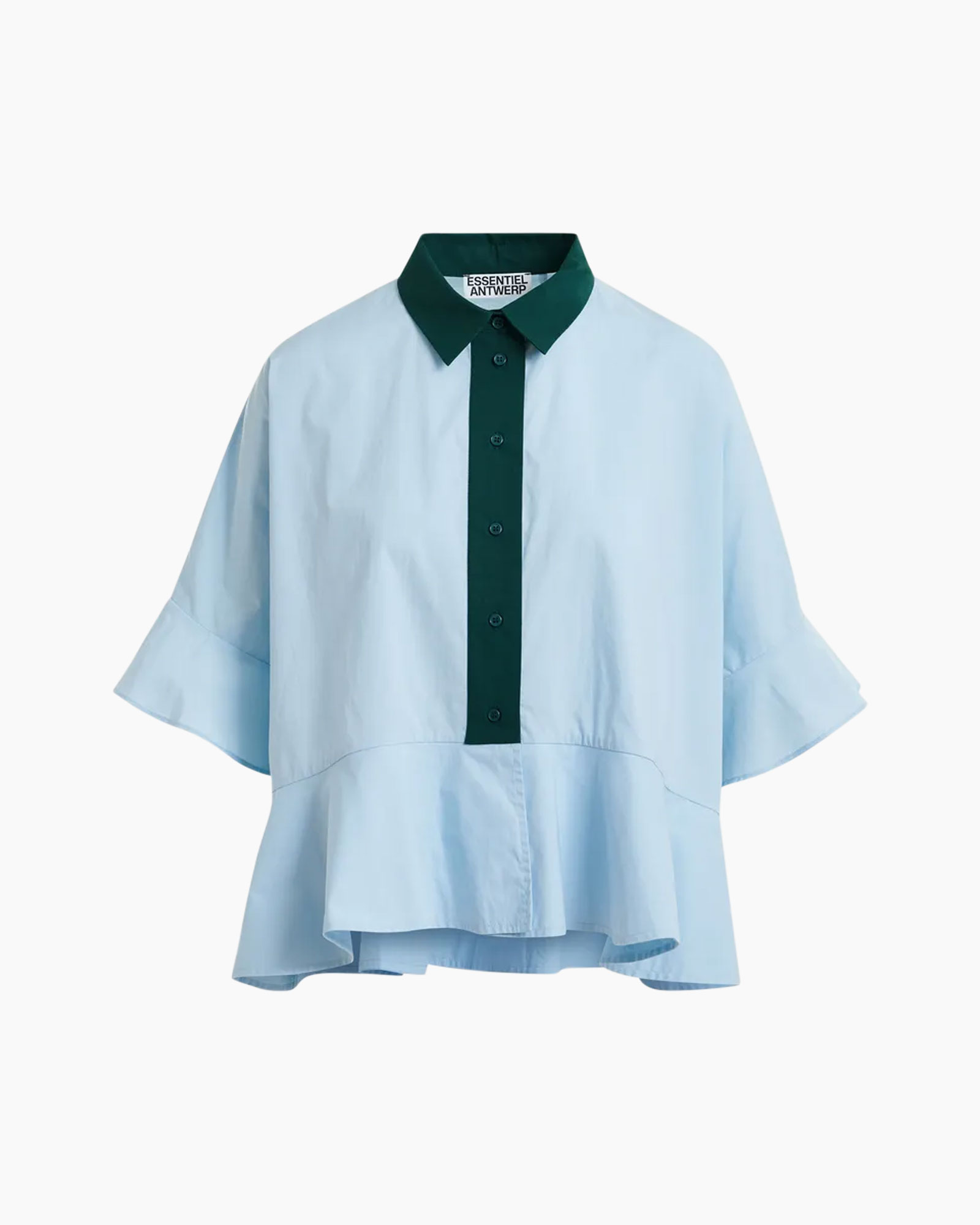 blouse, knopslijting?, kraag, lichtblauw, gerafelde zoom