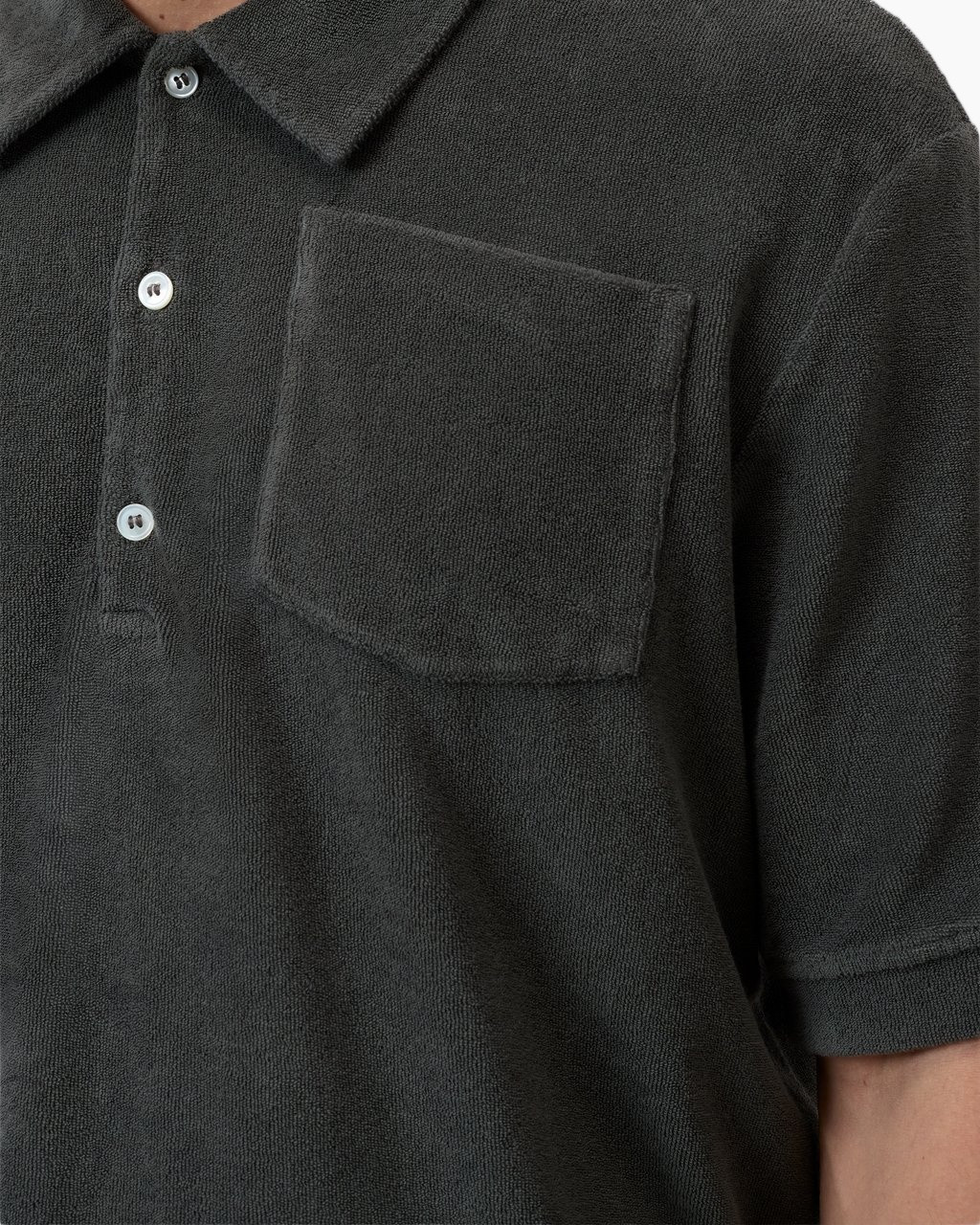 polo shirt, short sleeve, pocket, knitted fabric, dark gray