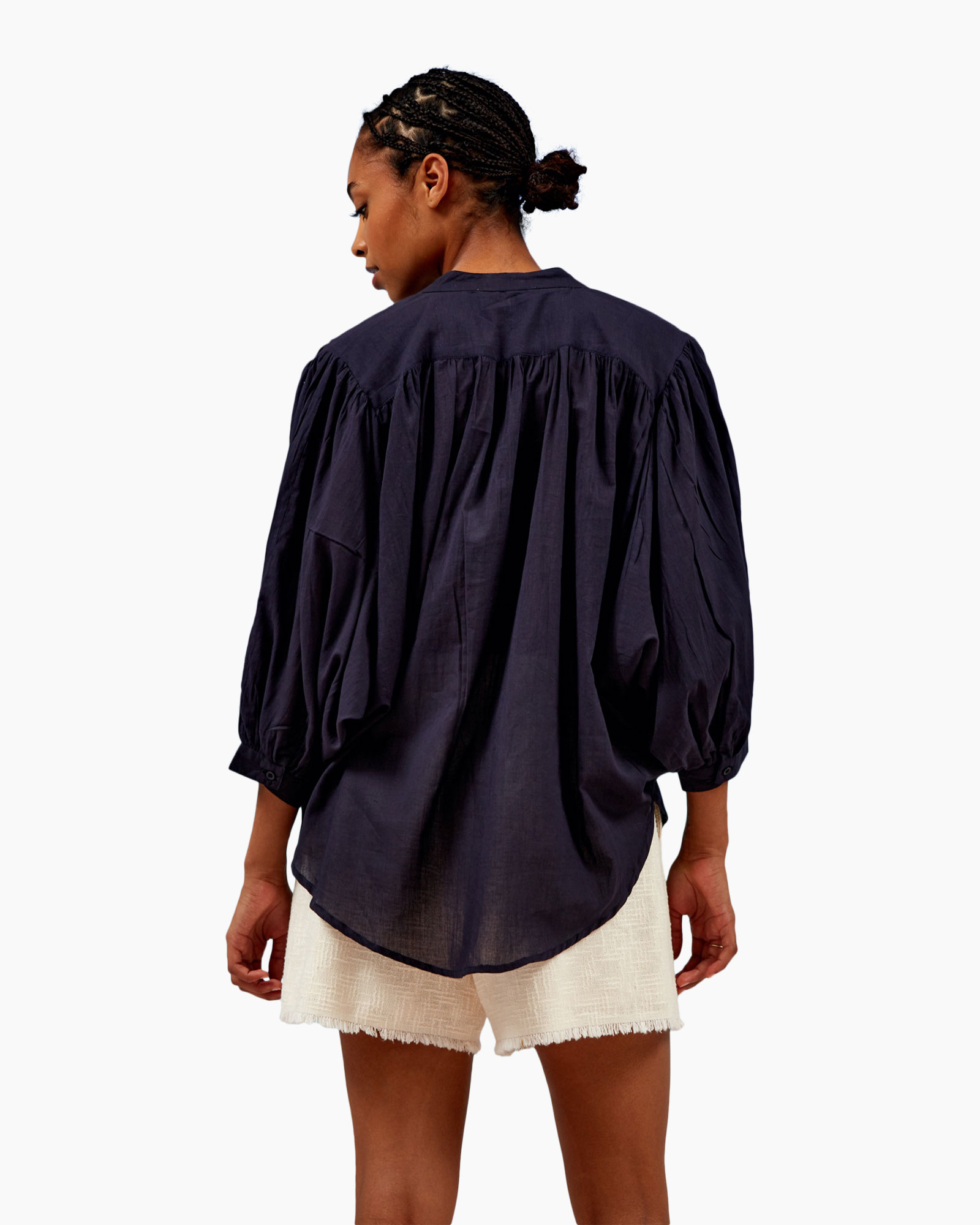 blouse, top blauw, lange mouwen, losvallend, kraag