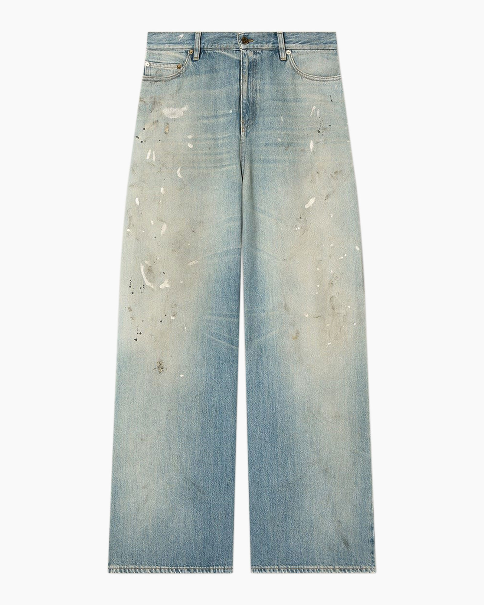 broek, denim, gerafeld, lichtblauw, wijdere rechte pijp