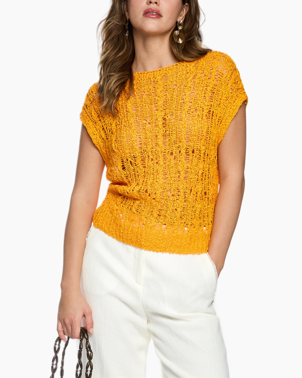 knit top, orange top, crochet, short sleeves, pullover sweater