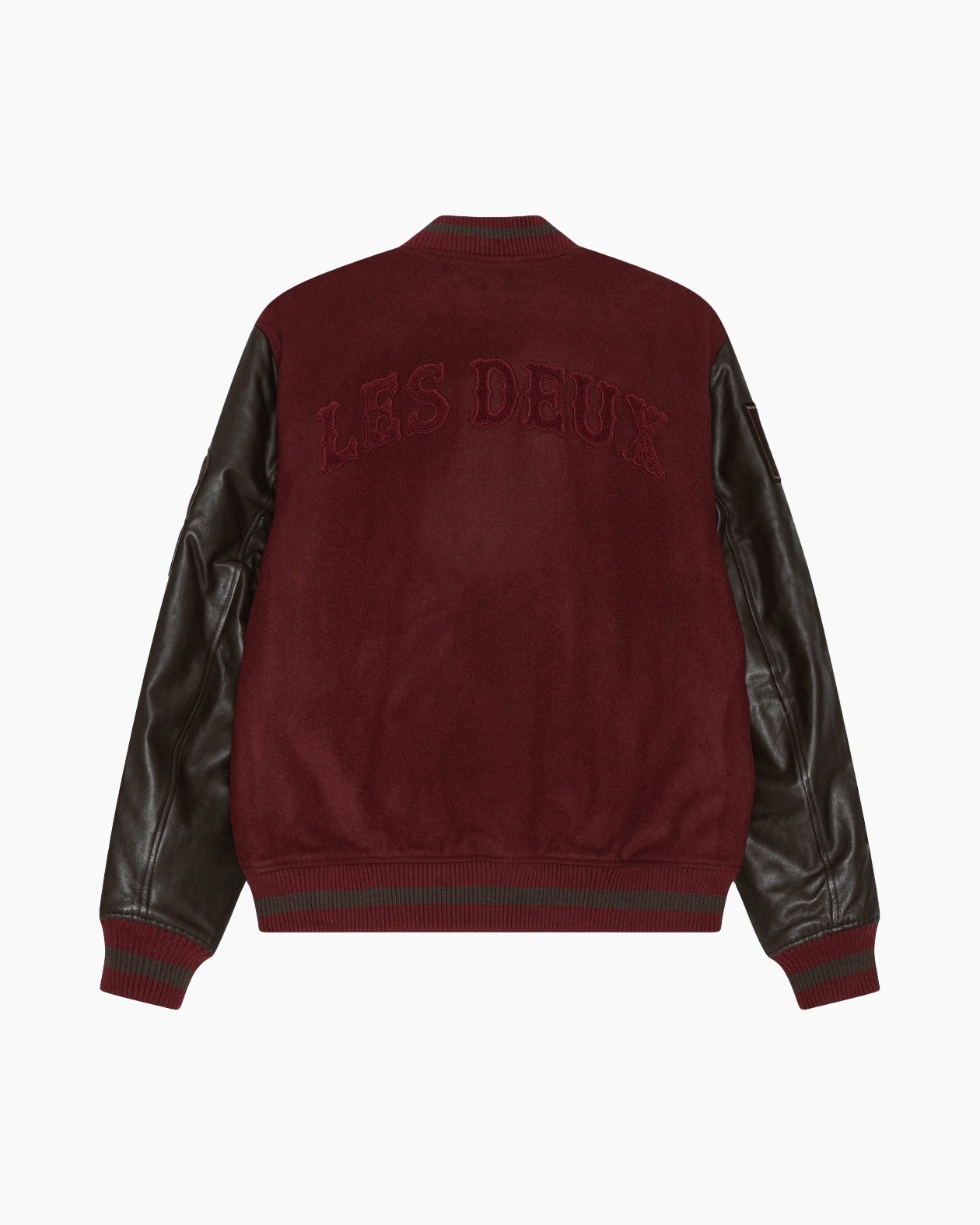 varsity jacket, burgundy, contrast sleeves, borduring embroidery, snap-closure