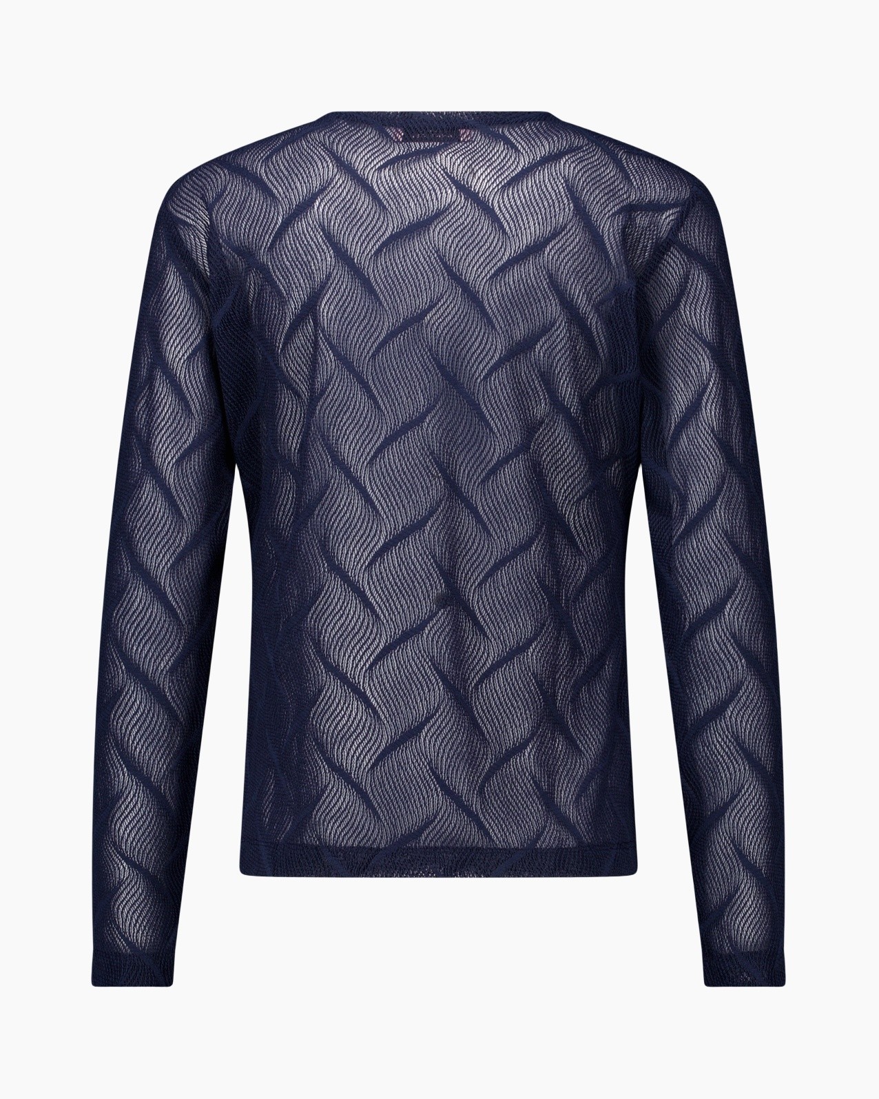 dames top, breis trui, donkerblauw, doorschijnend patroon, lange mouwen