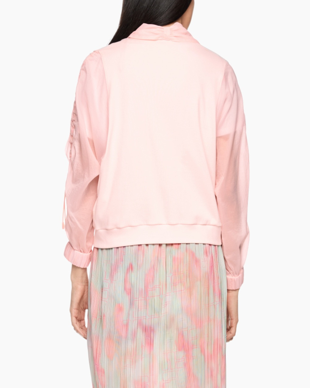 pink jacket, graphic tee, pastel colors, pleated skirt, casual outfit