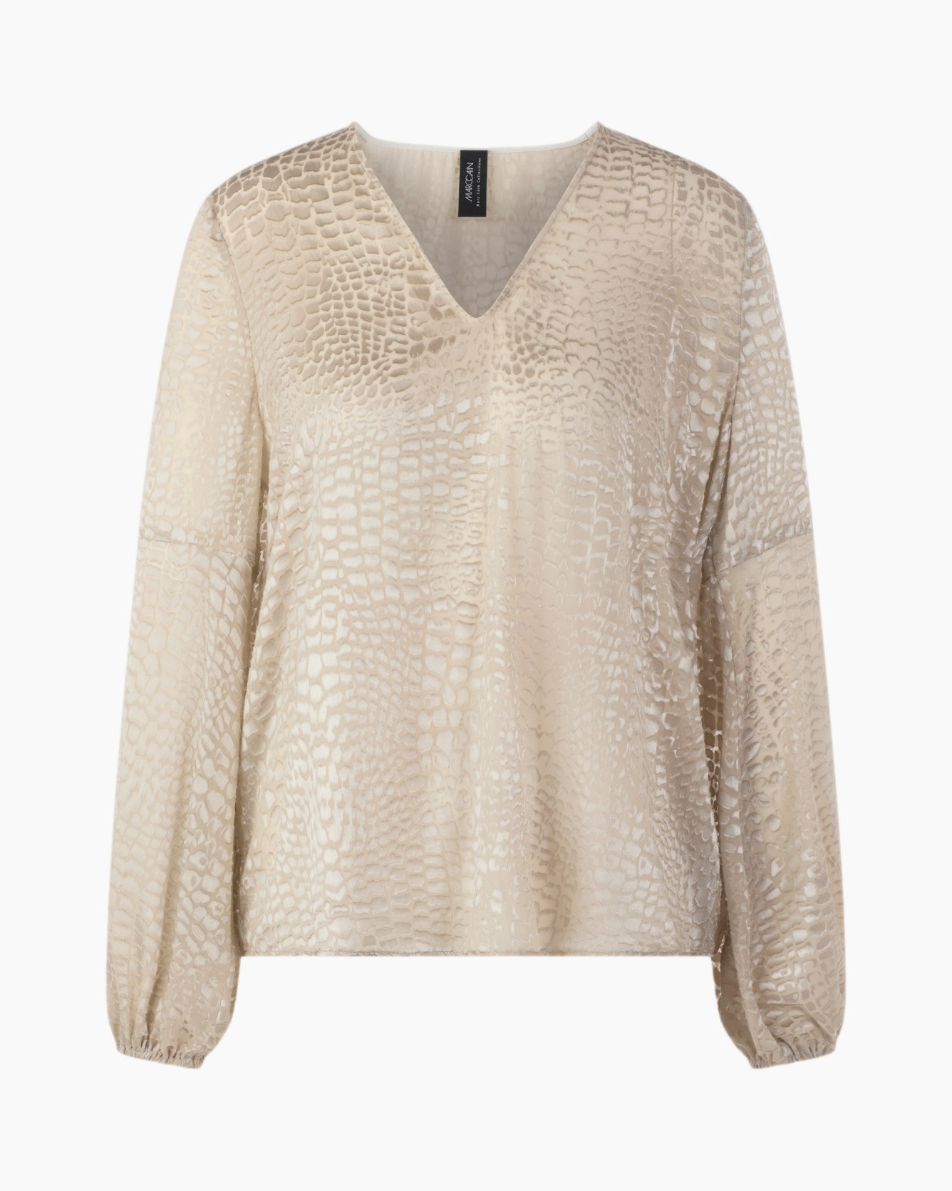 blouse, v-hals, lange mouwen, bejig, slangpatroon