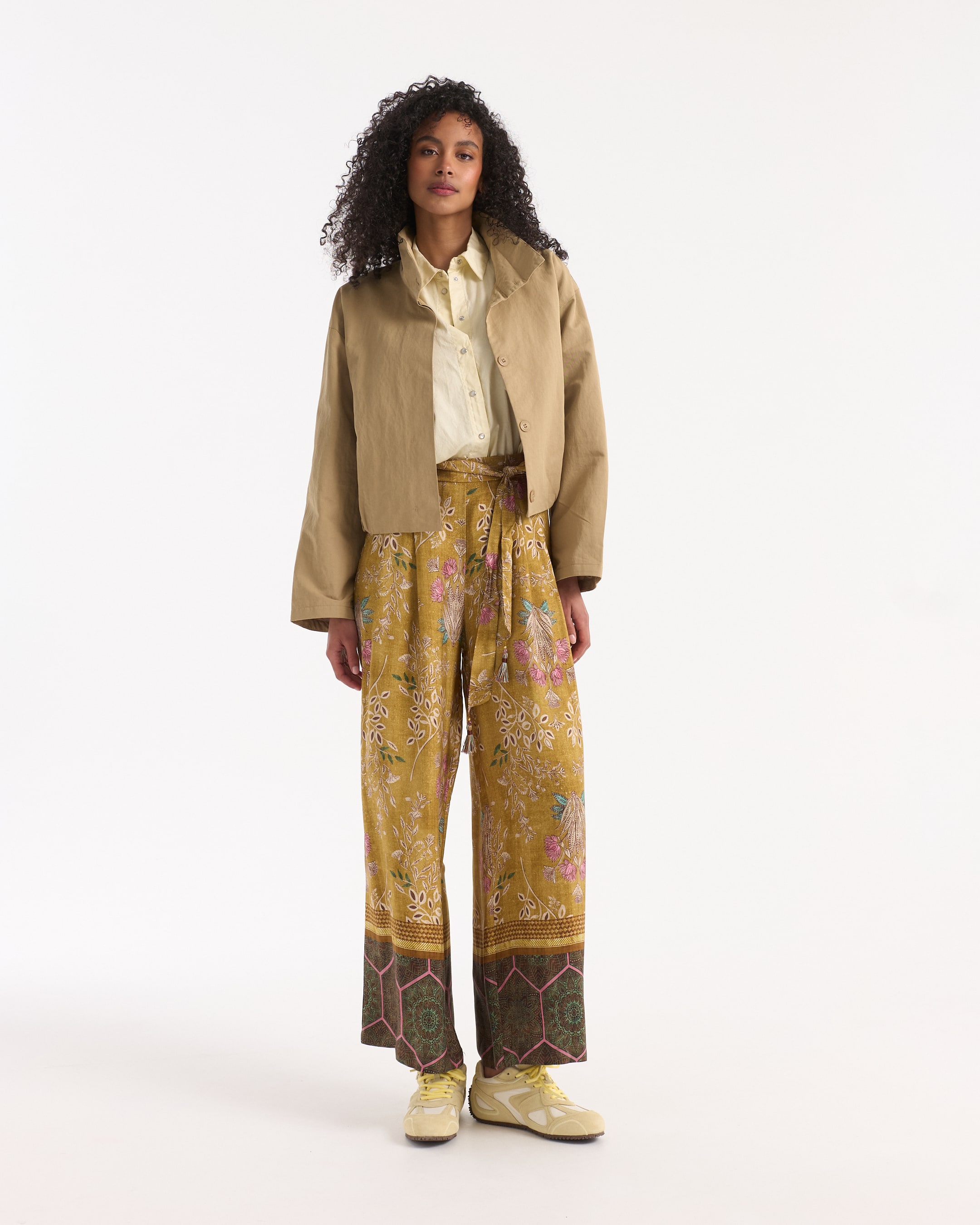 trousers, palazzo pants, embroidery, floral pattern, beige jacket