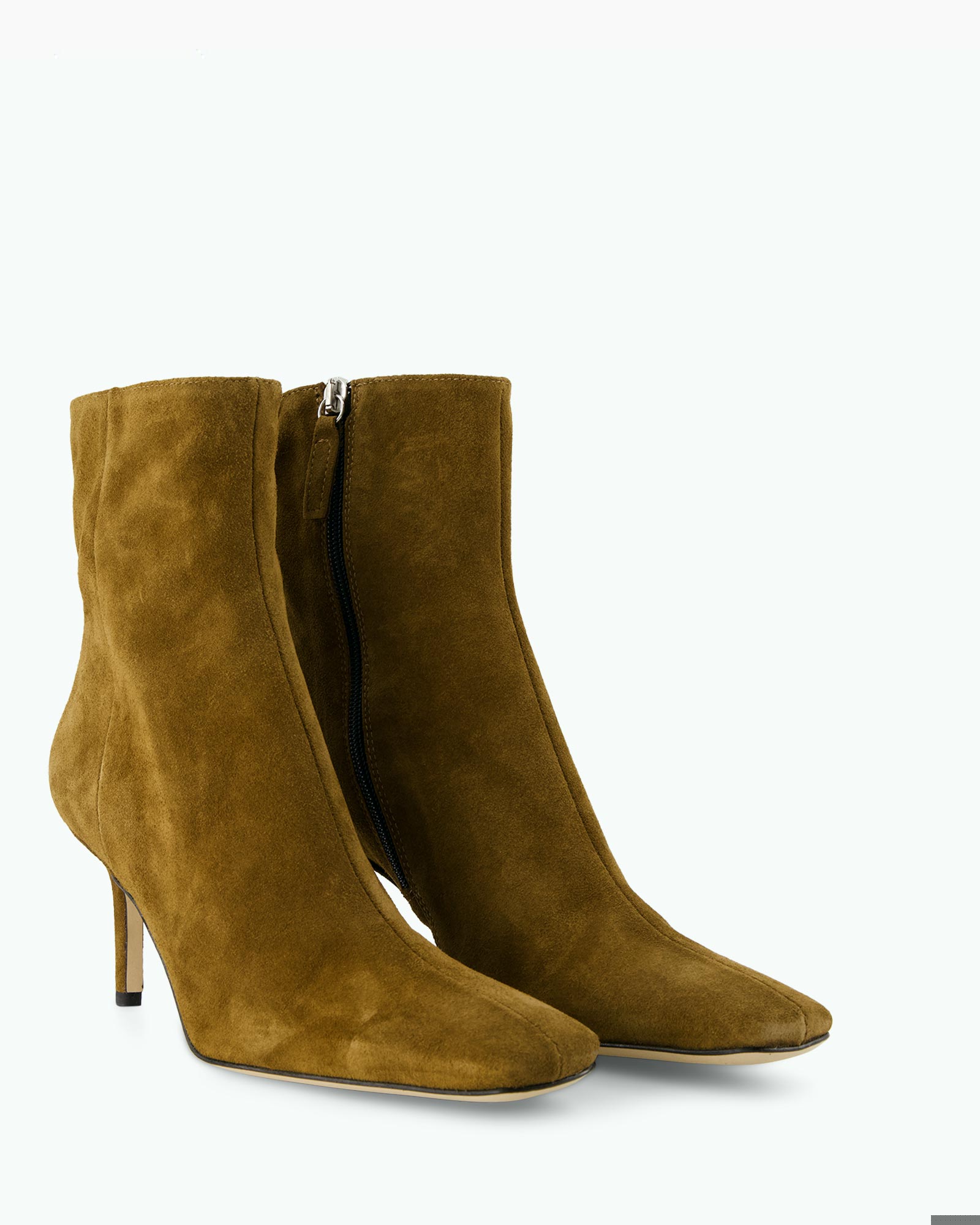 ankelboot, suede, bruin, halvehoge hak, puntige neus