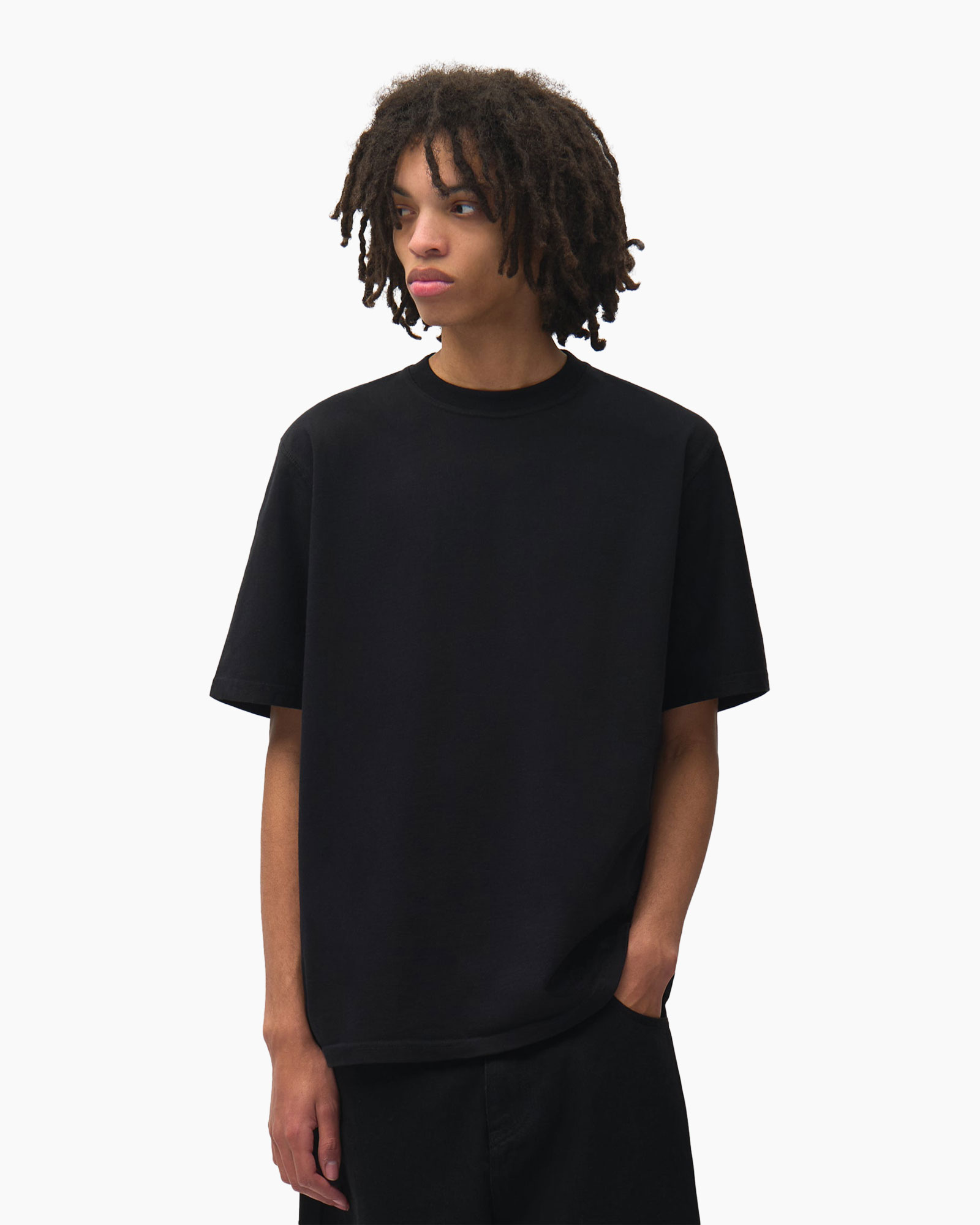 zwart, shirt, korte mouwen, kraagloos, effen