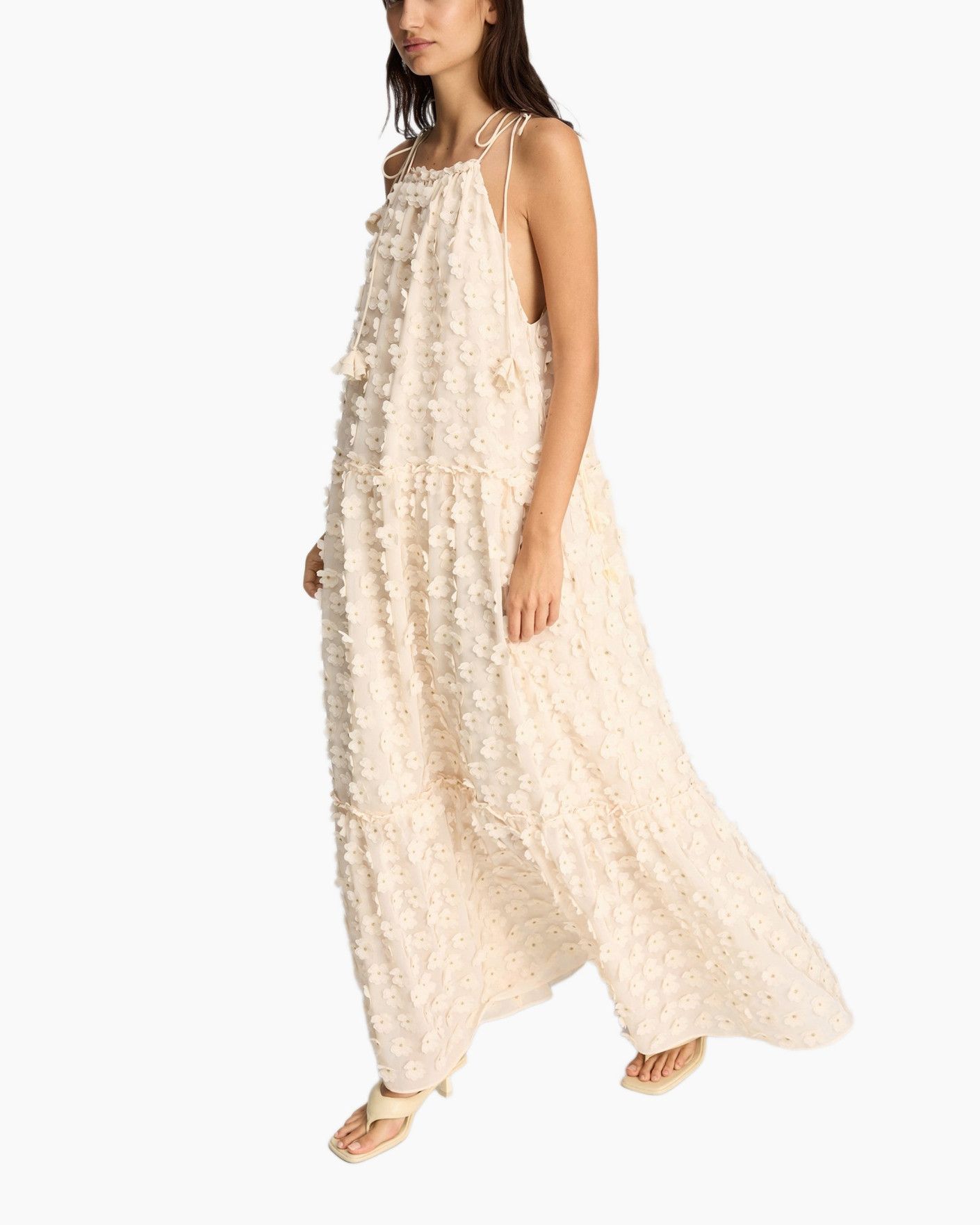 jurk, maxi jurk, beige, versierd, pompom textuur