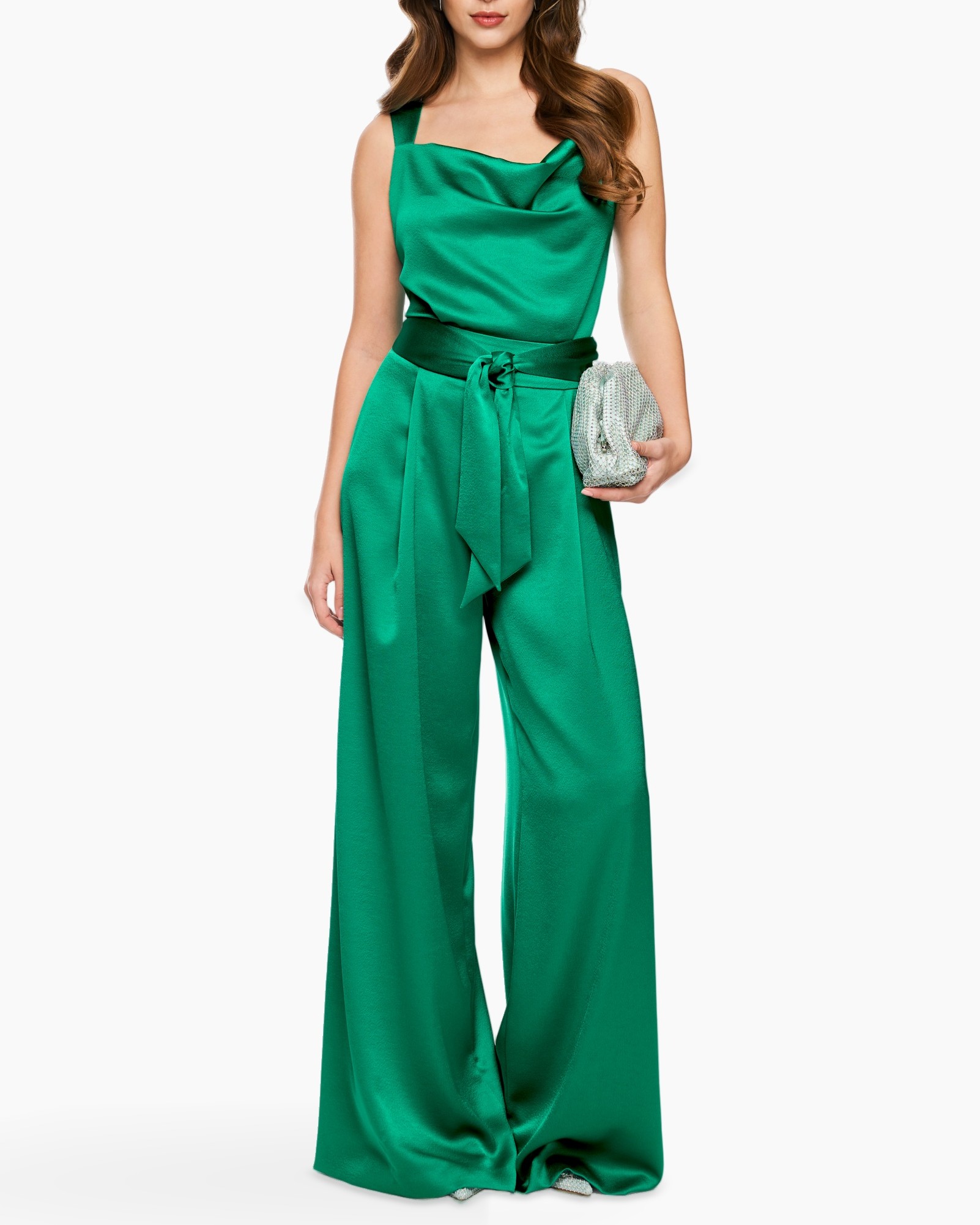 groen, jumpsuit, satijn, wijd uitlopende broek, riem