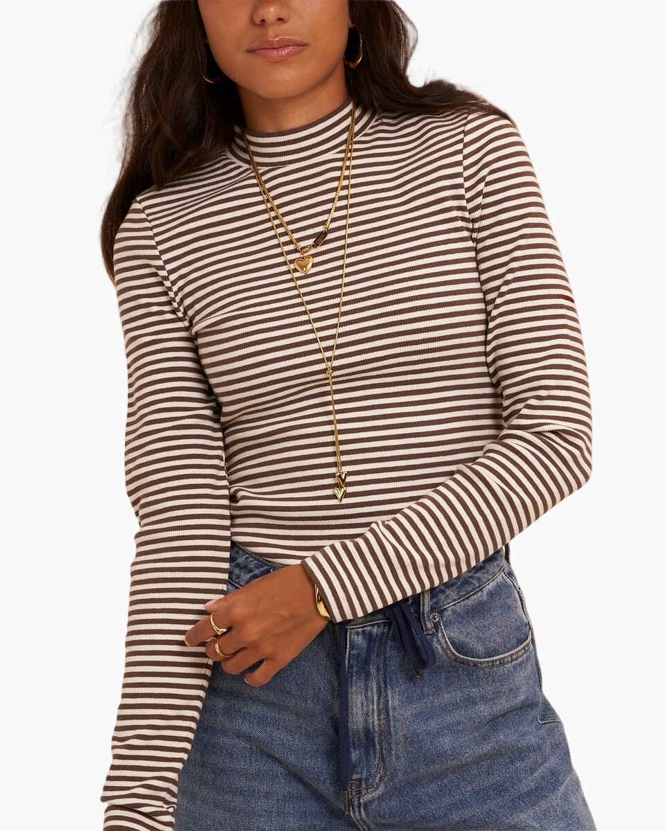 gestreepte top, ribbelige wollen boord, rolkraag, langer mouw, casual top