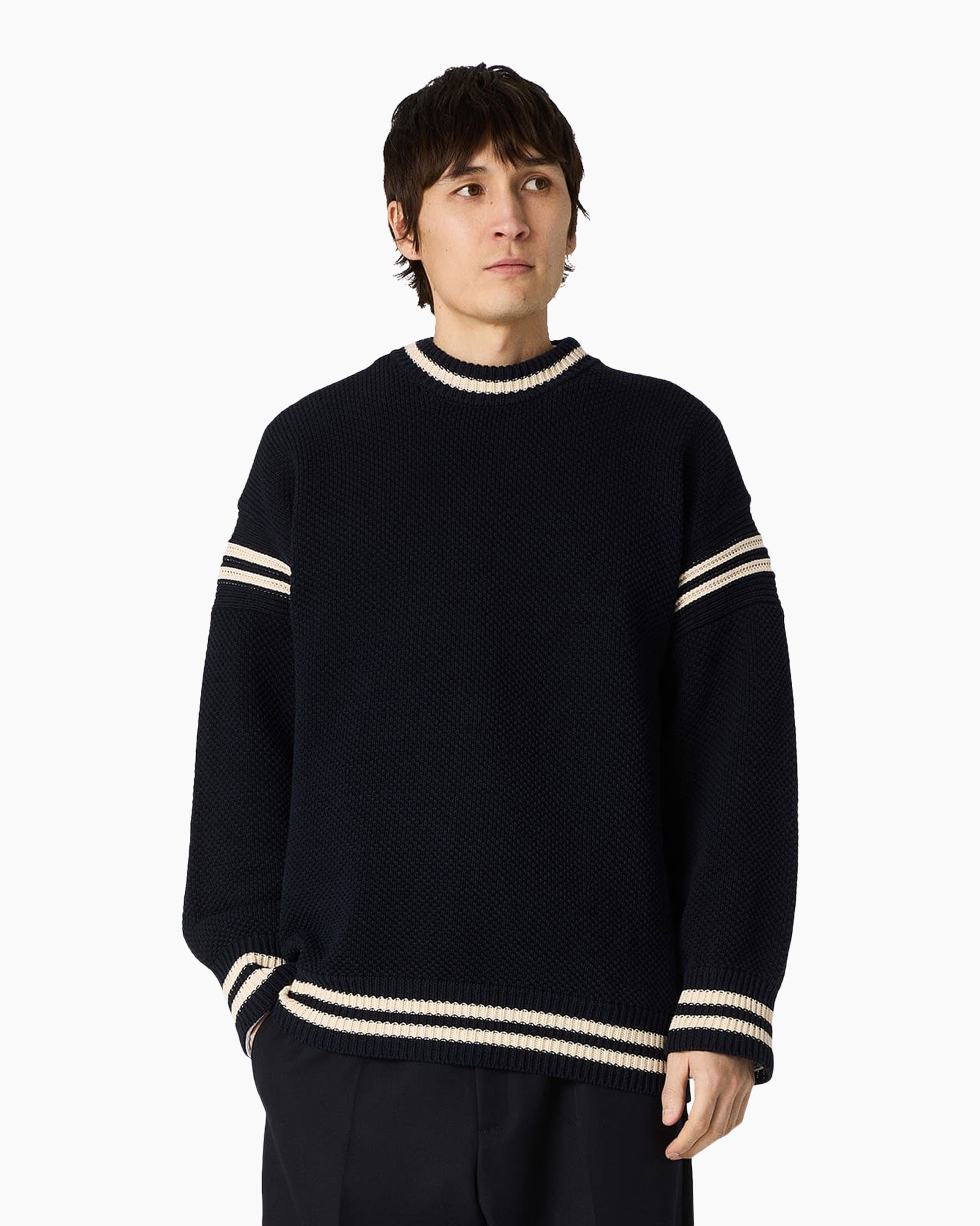 Trui, Breipwerk, Ronde hals,  Navy, Gestreepte boord