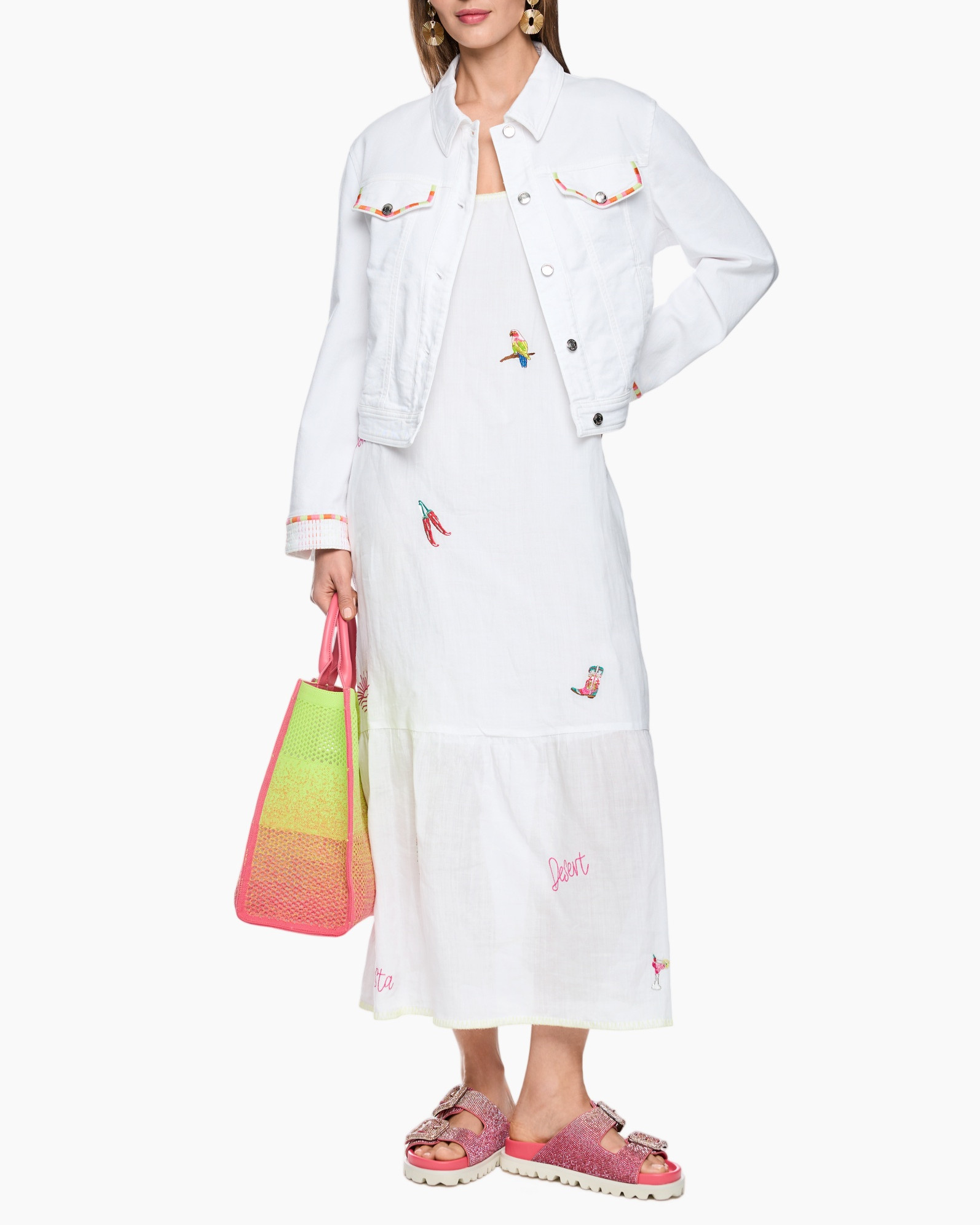 white denim jacket, embroidered details, long dress, sandals, palm bag