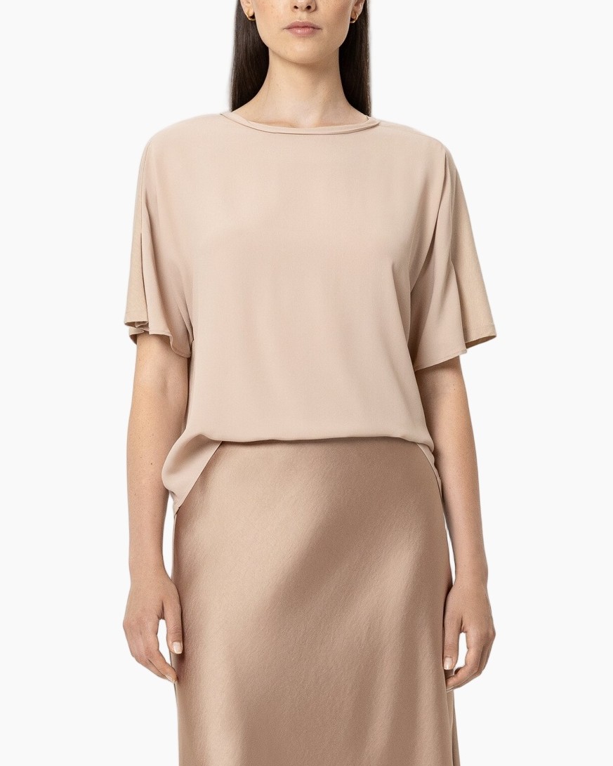 blouse, korte mouwen, beige, zachte stof, ronde hals