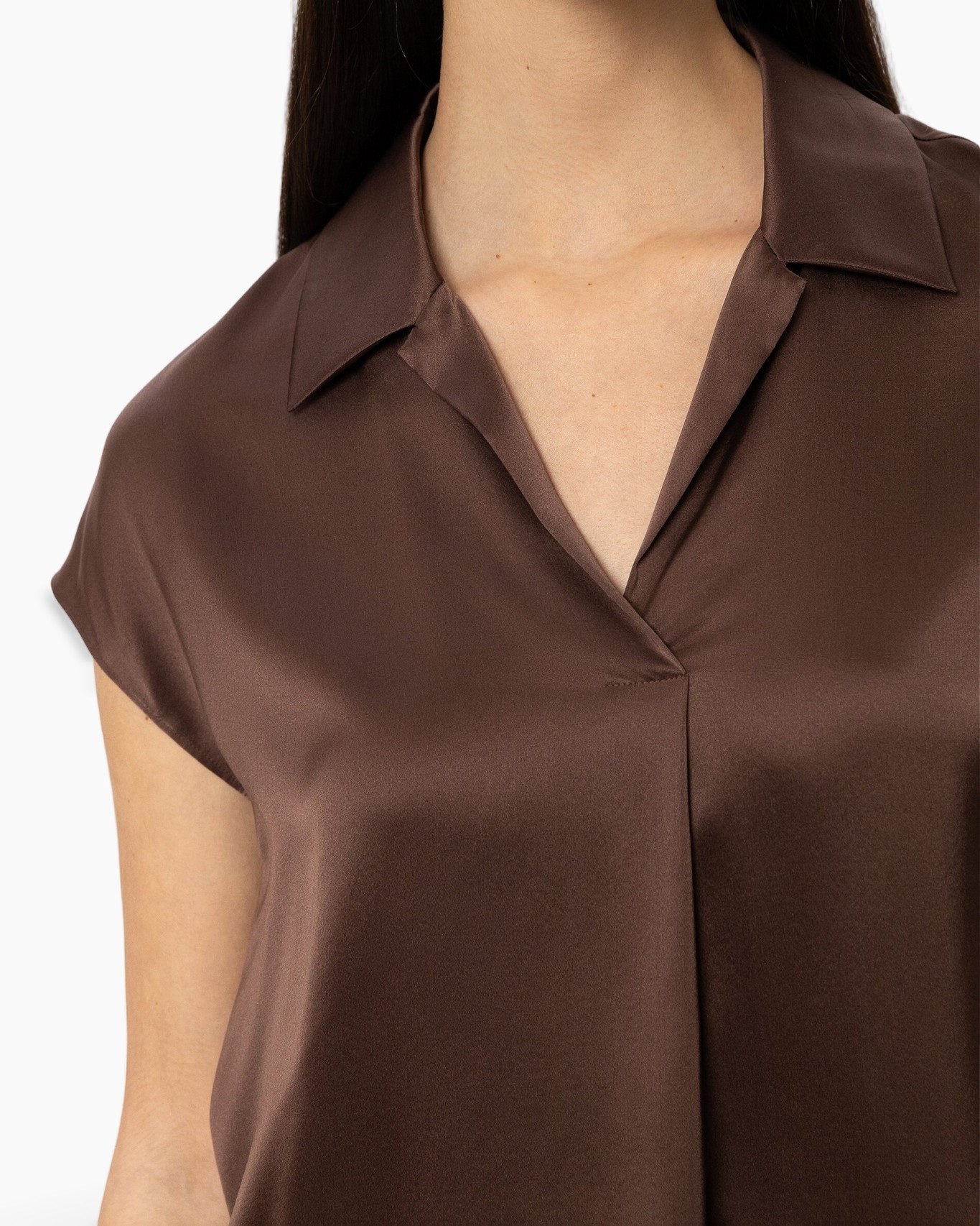 top, blouse, bruin, gekraagd, satijn