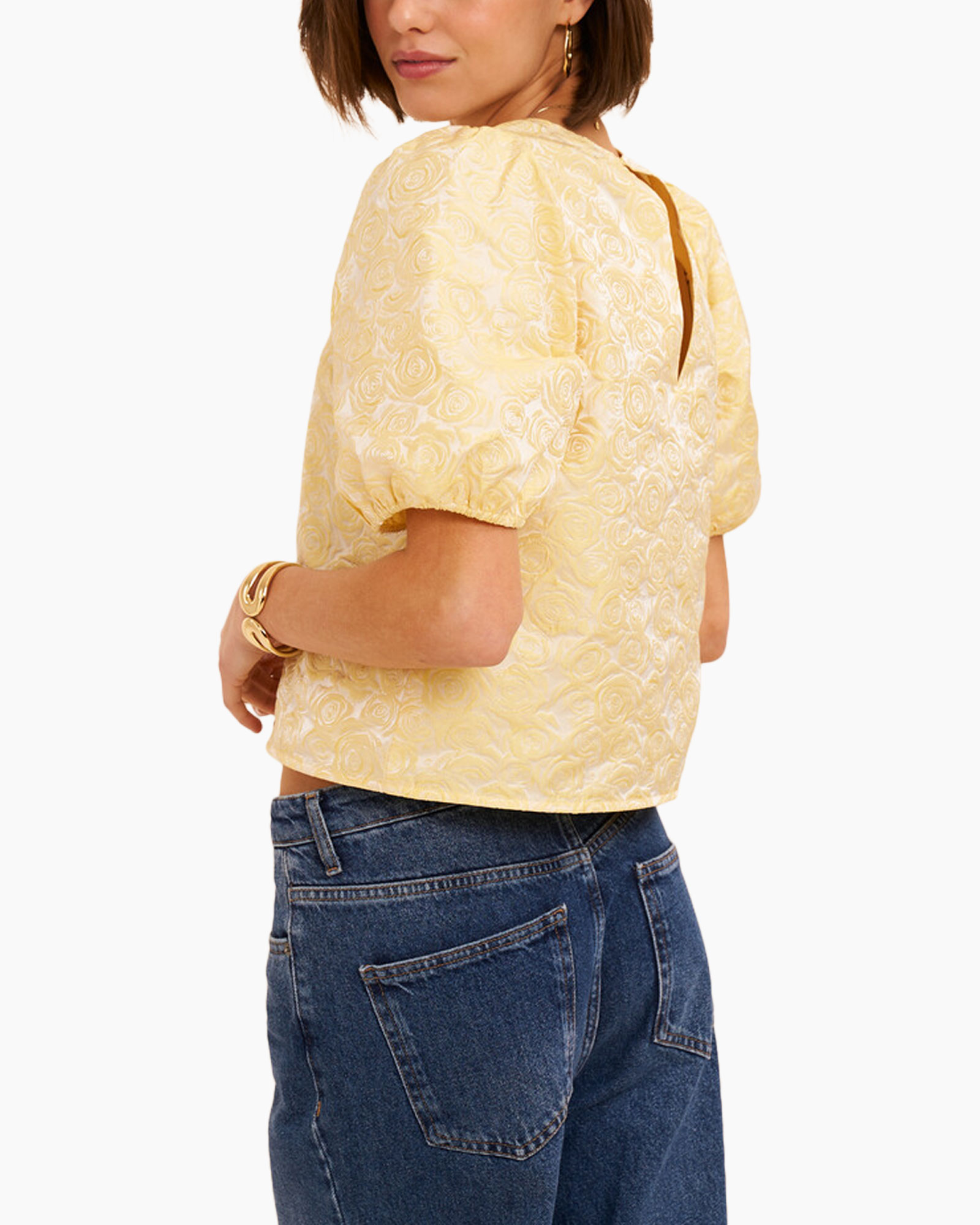 blouse, short sleeve, yellow, floral pattern, cropped