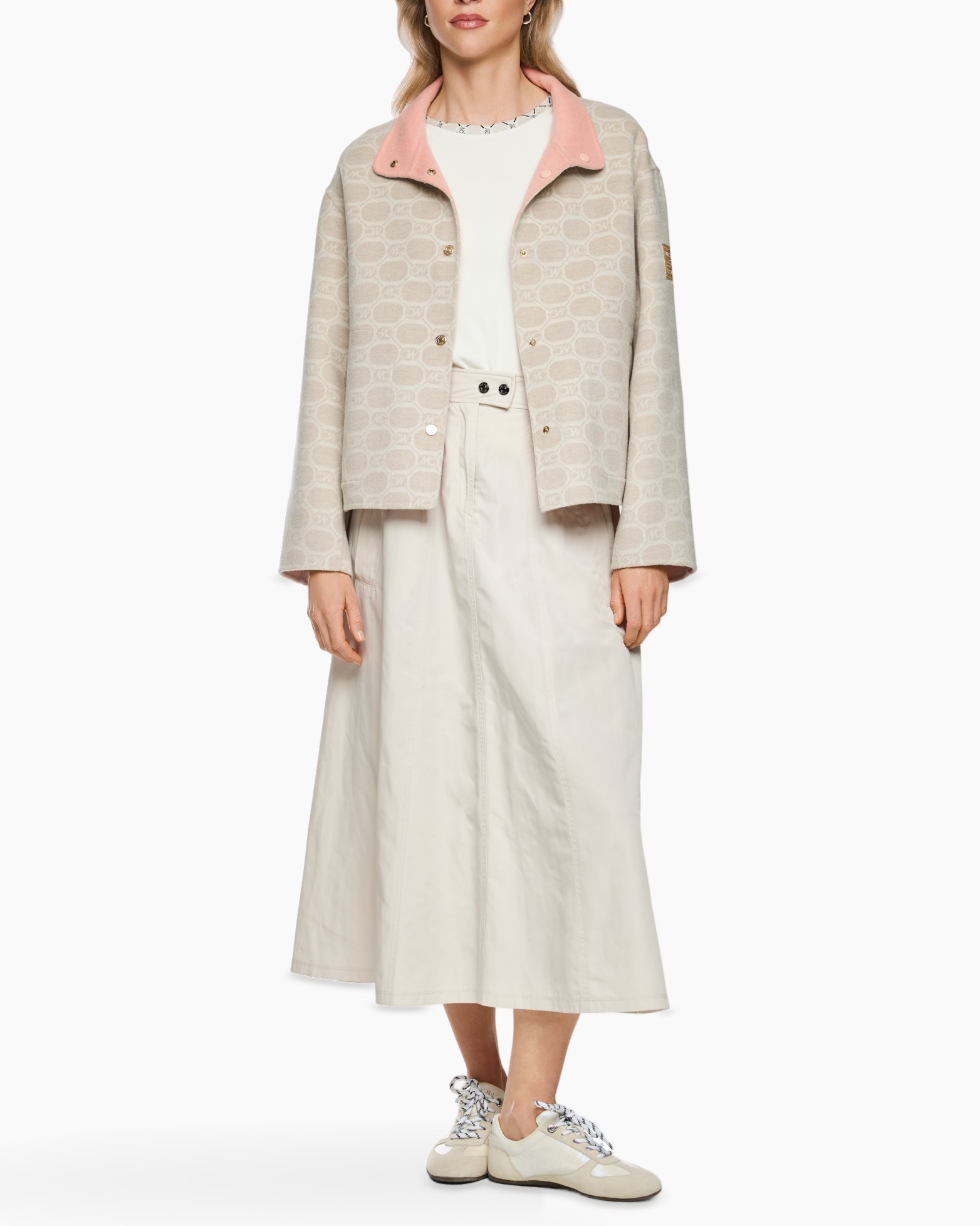 jasjas, gekleurde jas, Roze kraag, midden lange jas, beige buitenlaag