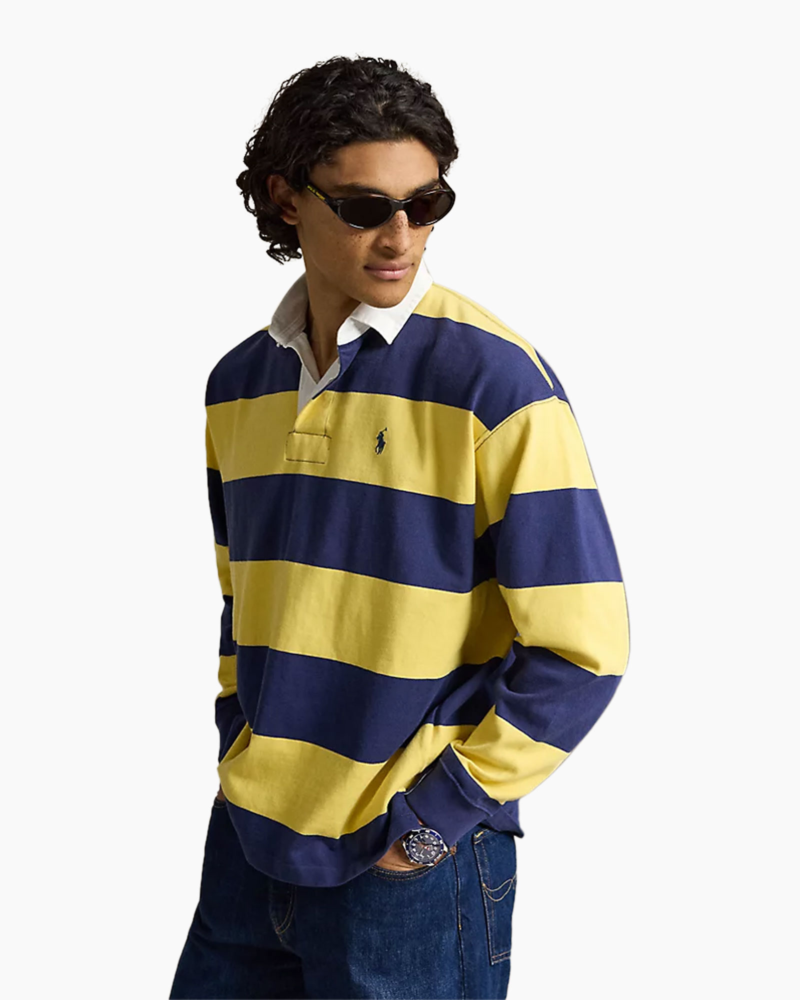 rugby shirt, gestreepte polo, lange mouw, geel marine, rugby polo