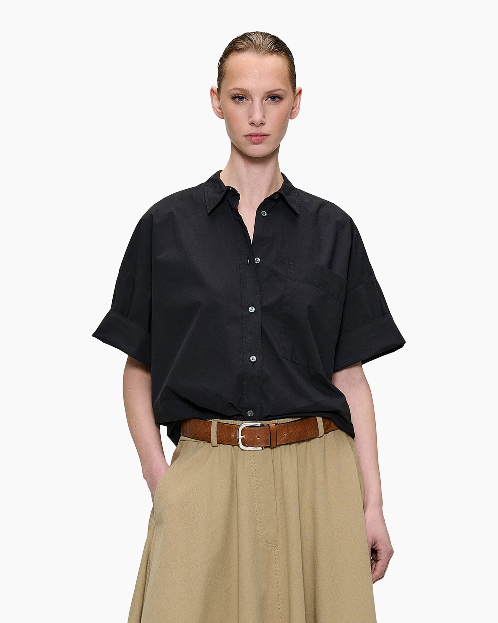 shirt, short sleeve, black, button-down, collar