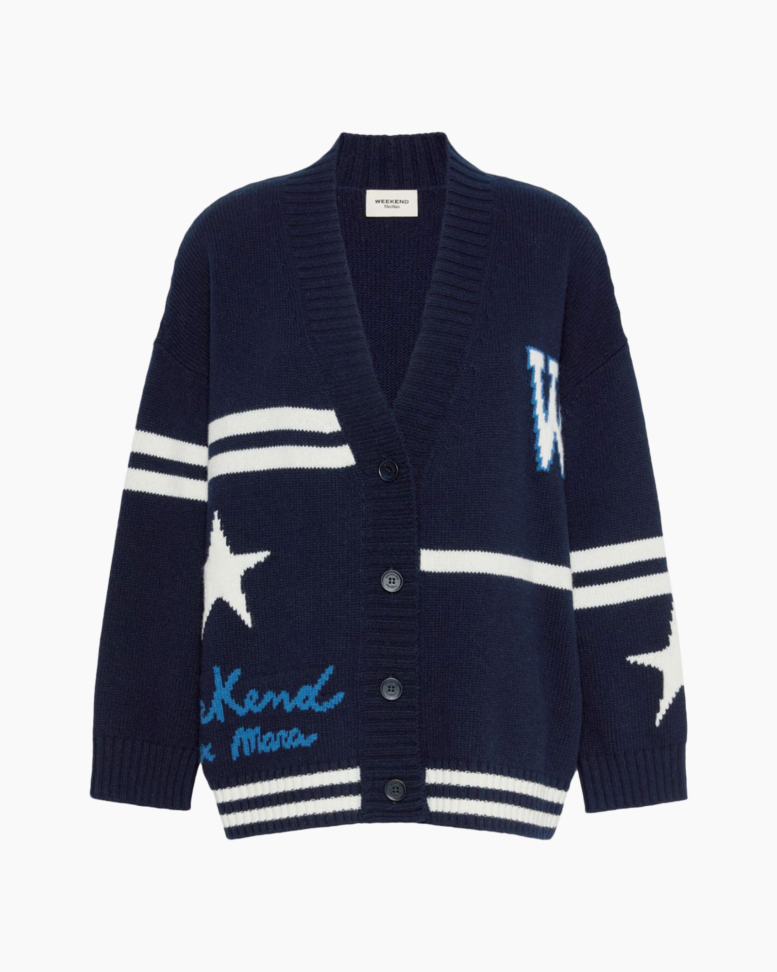 vest-sweater, marineblauw, streep, logo, breiwerk