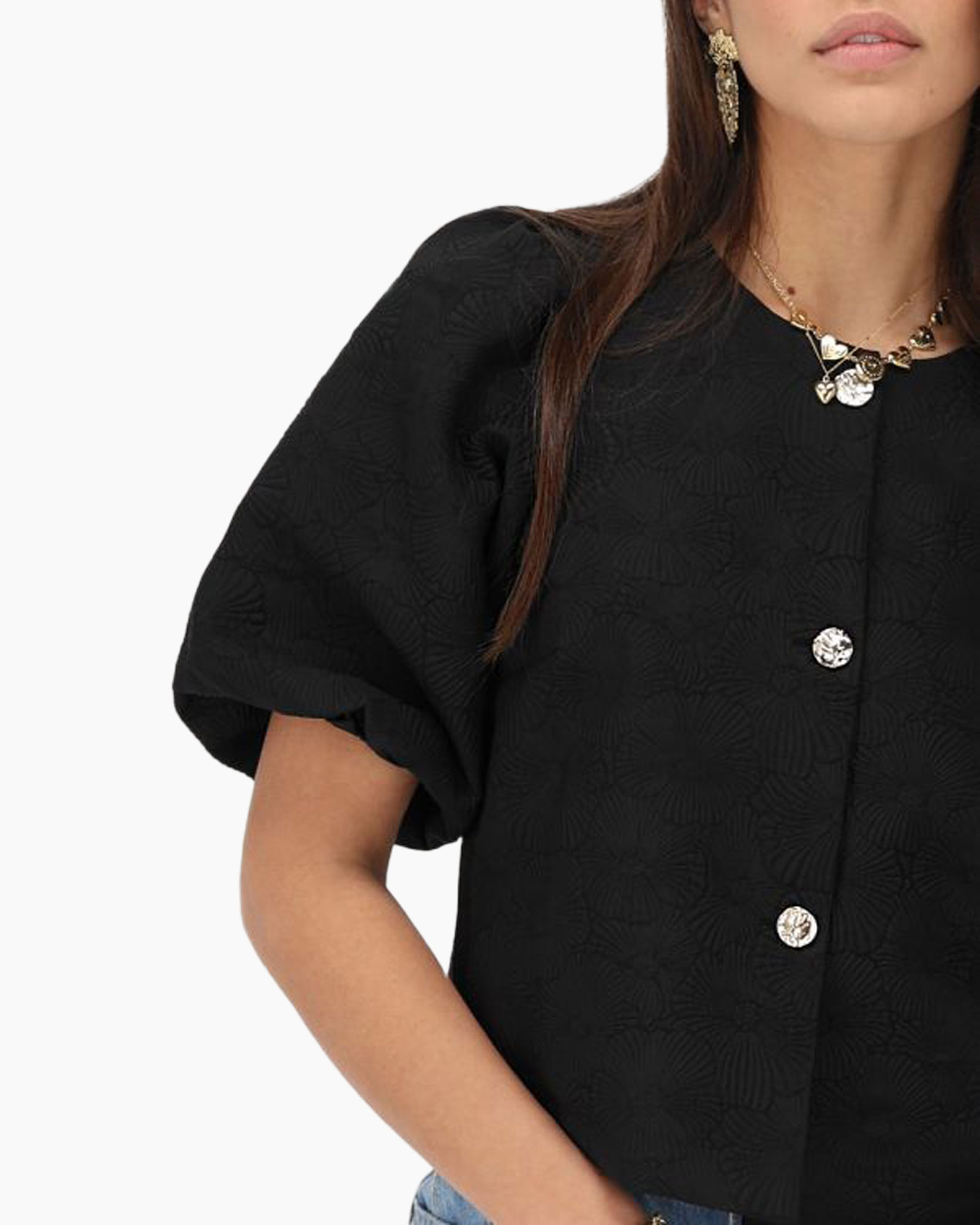 Top Top With Puff Sleeves And Flower Ja Zwart