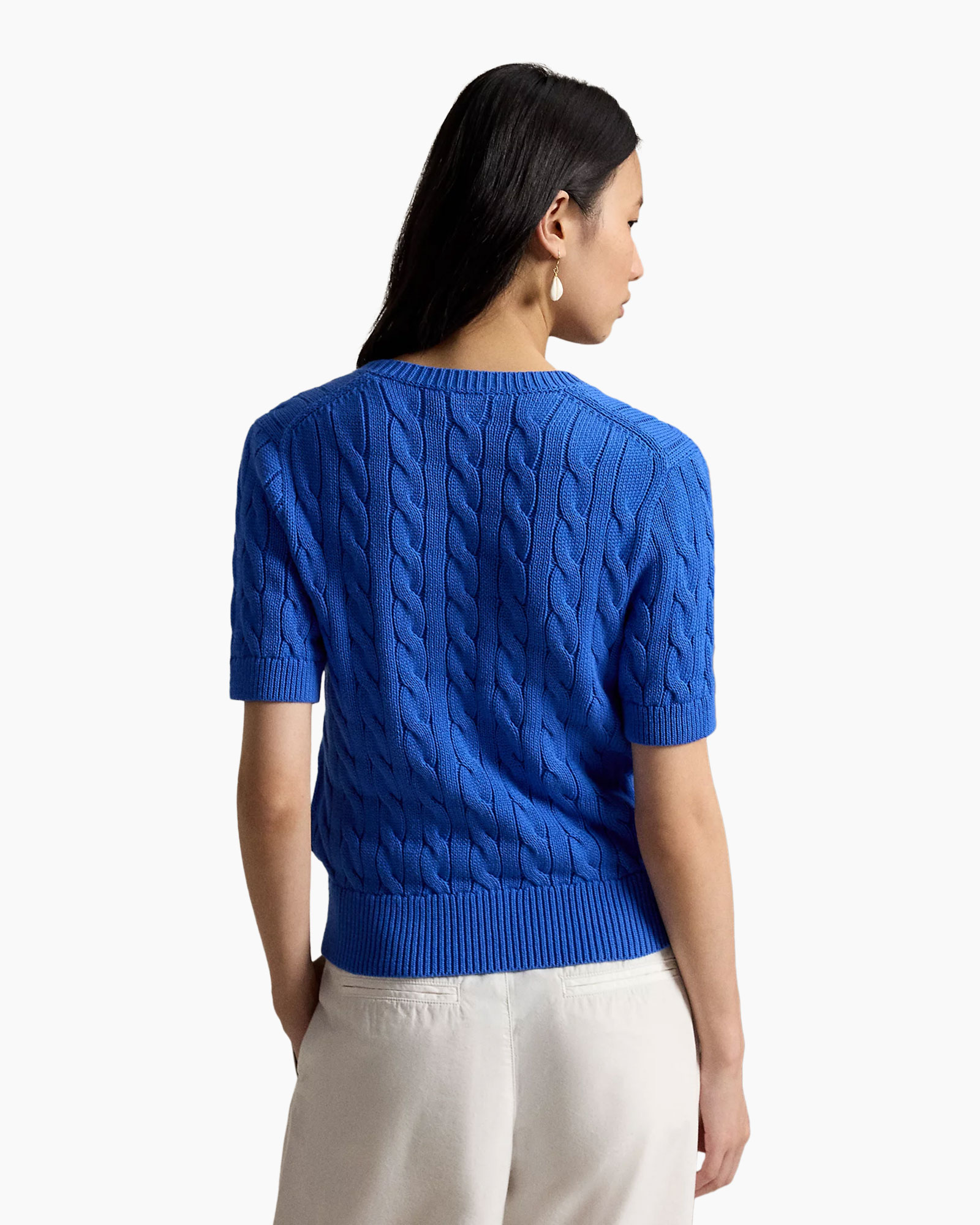 blue cardigan, cable knit, short sleeves, button front, pullover cardigan