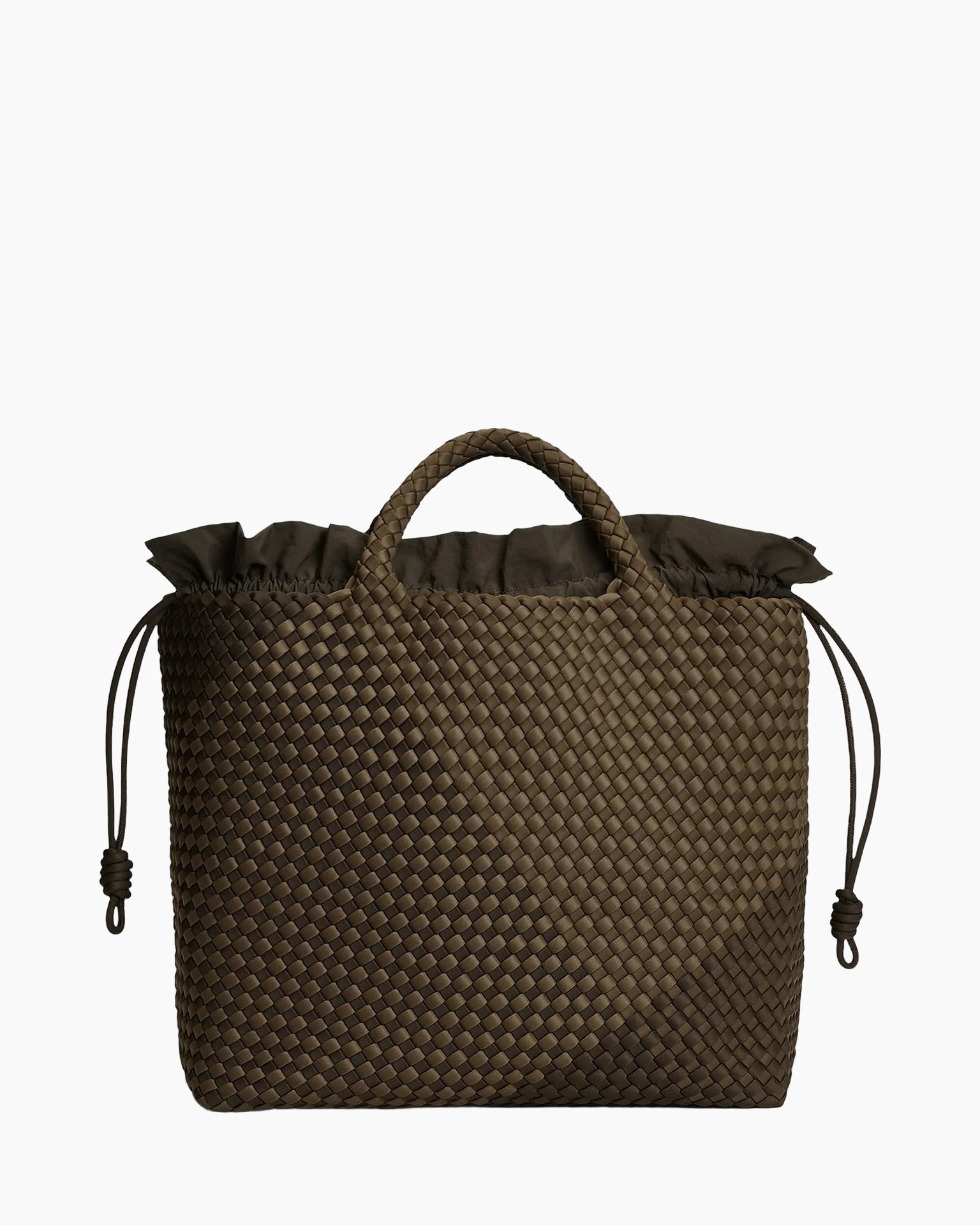 tas, handtas, geweven, bruin, trekkoord