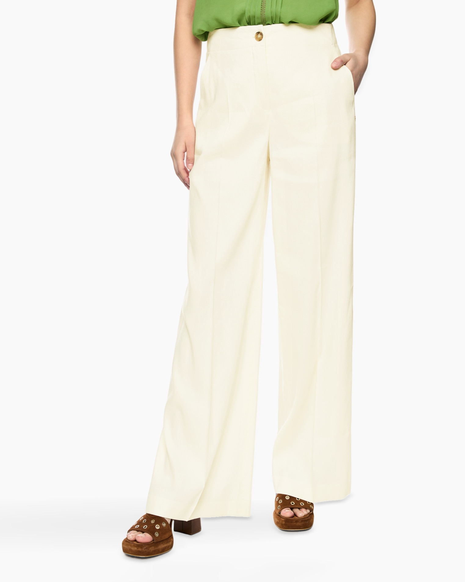 broeken, wijd uitlopend, crème, pantalon, hoog taille